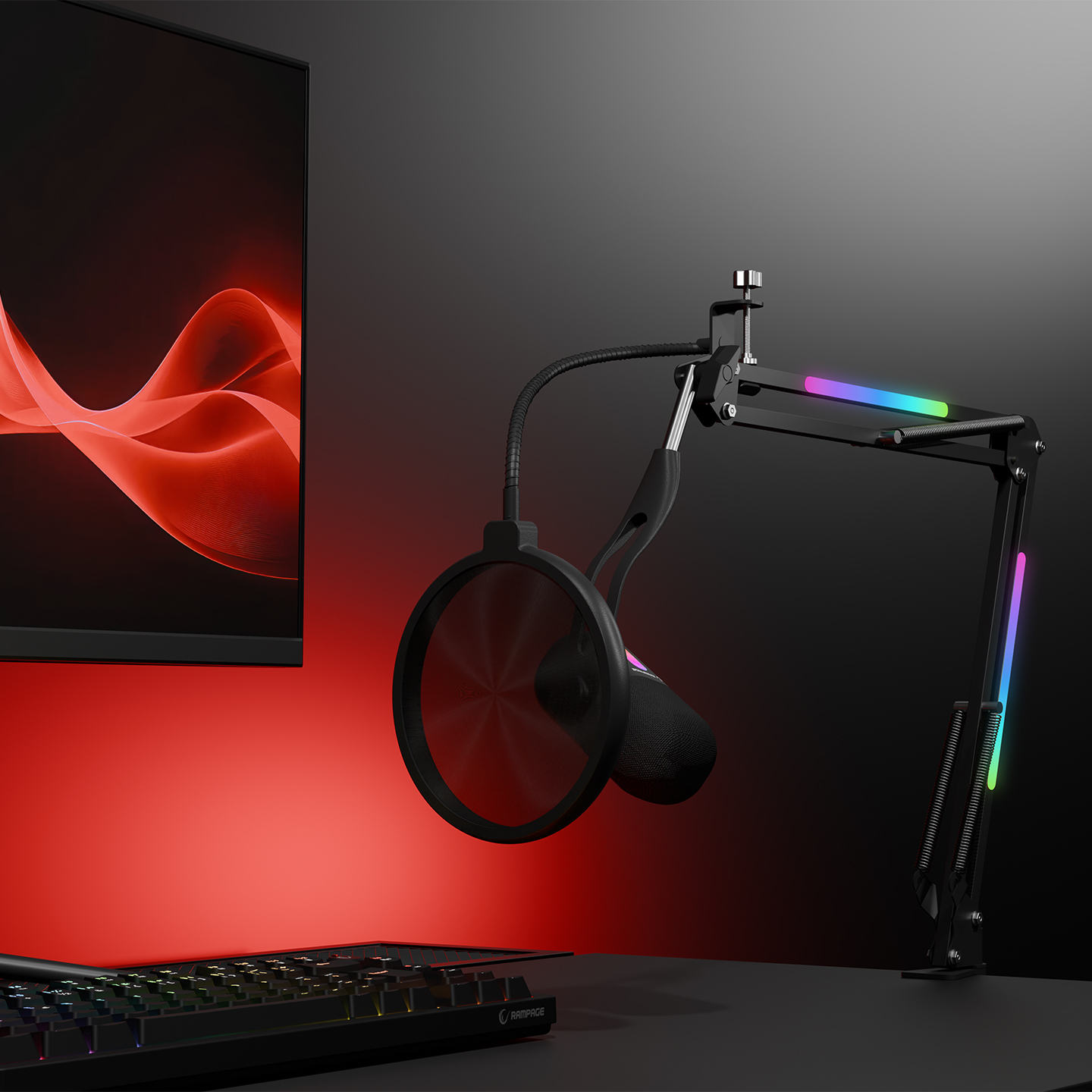 Pop filtreli mikrofon, RGB aydınlatmalı mikrofon koluna asılı.