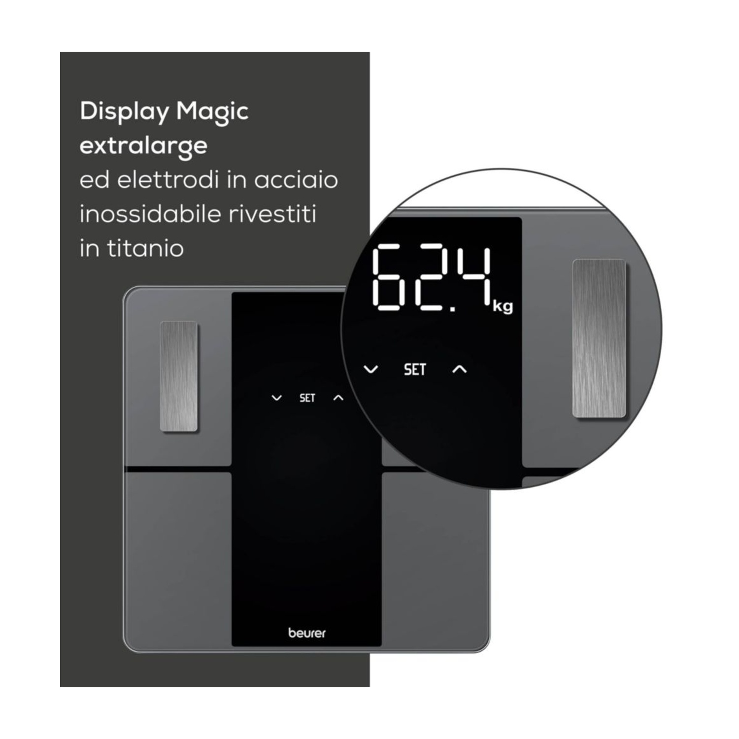 Una bilancia digitale con display extra large mostra 62,4 kg.