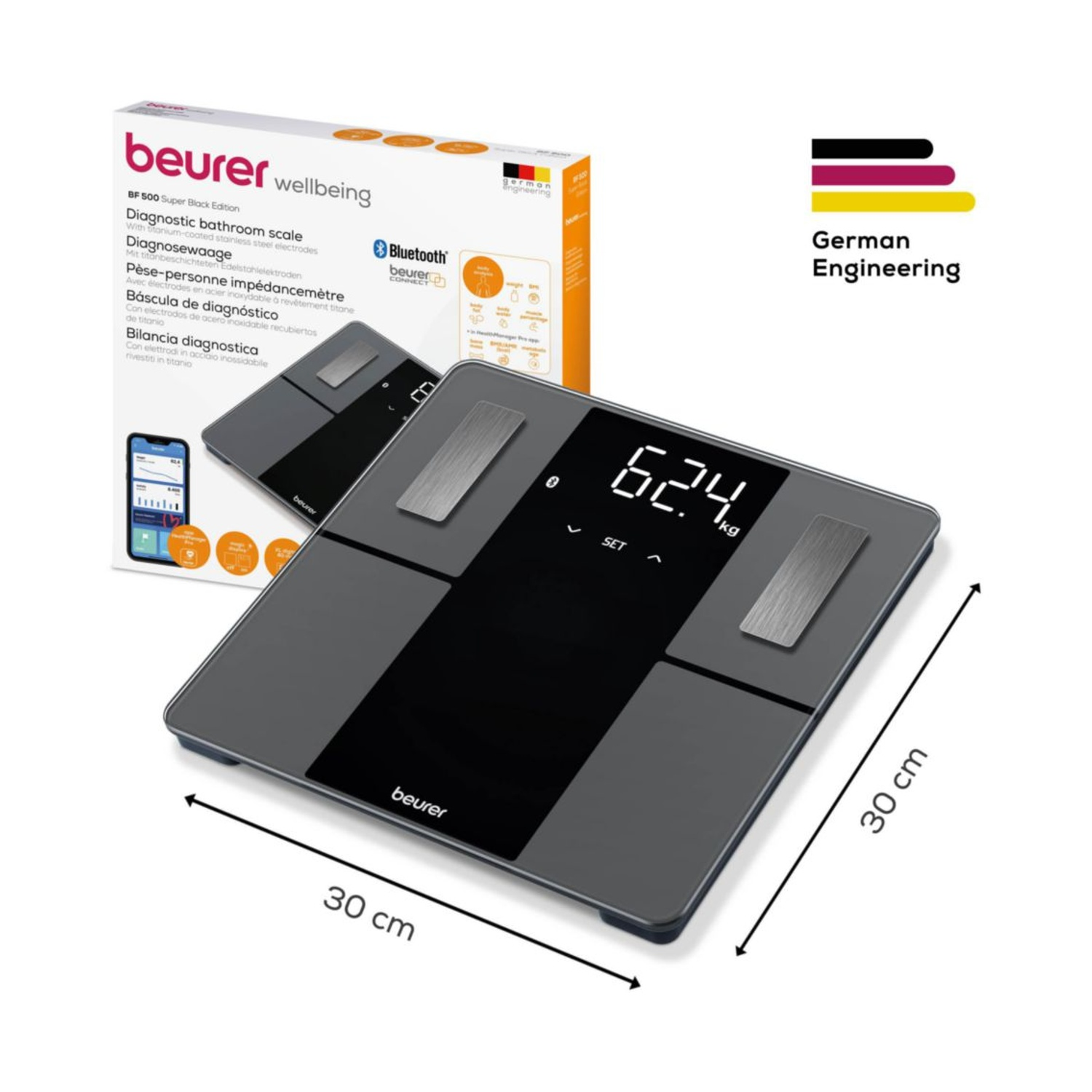 Bilancia da bagno digitale grigia con display nero che mostra 62,4 kg. 30x30 cm.