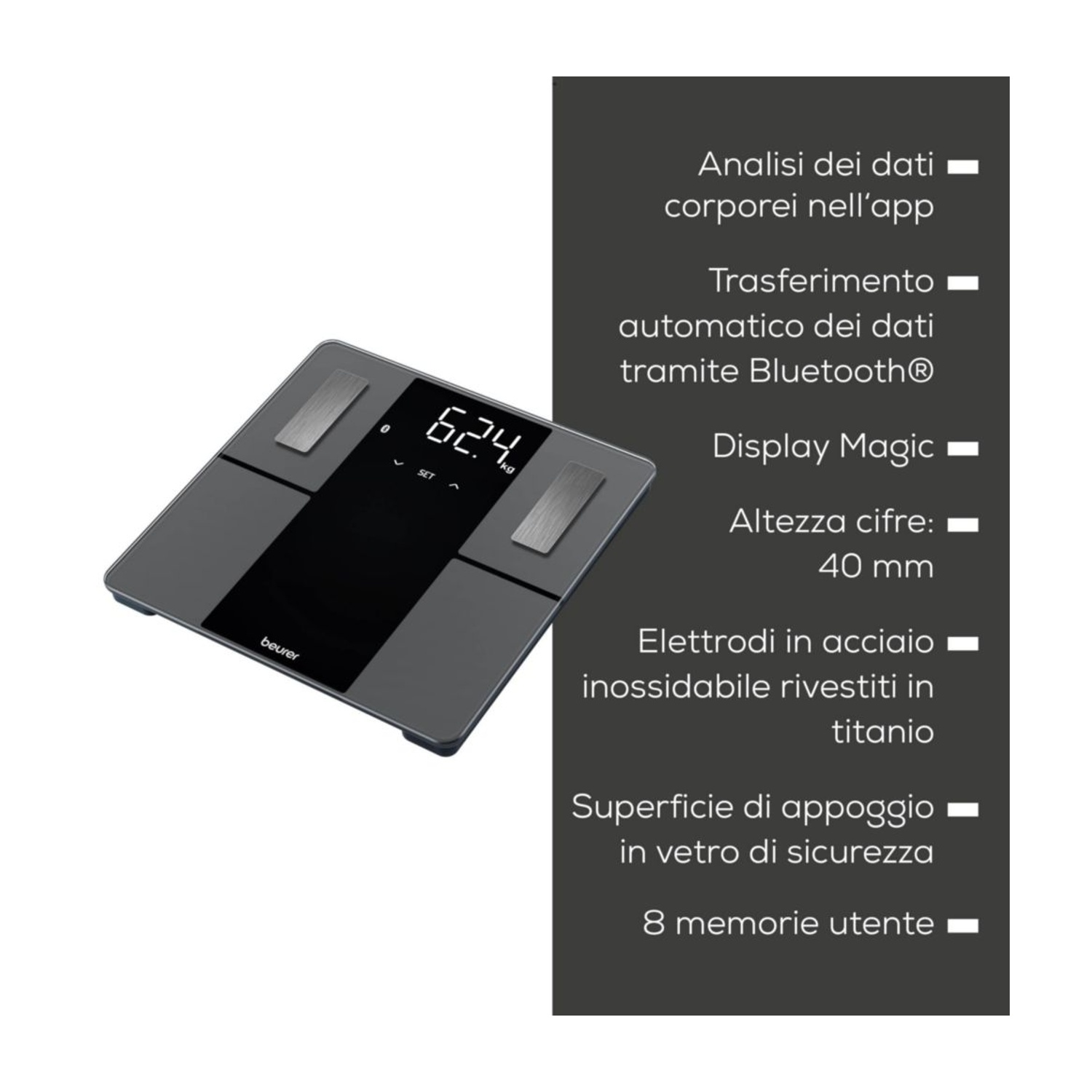 Bilancia analisi corporea grigia con display digitale 62,4 kg ed elettrodi in acciaio inox.