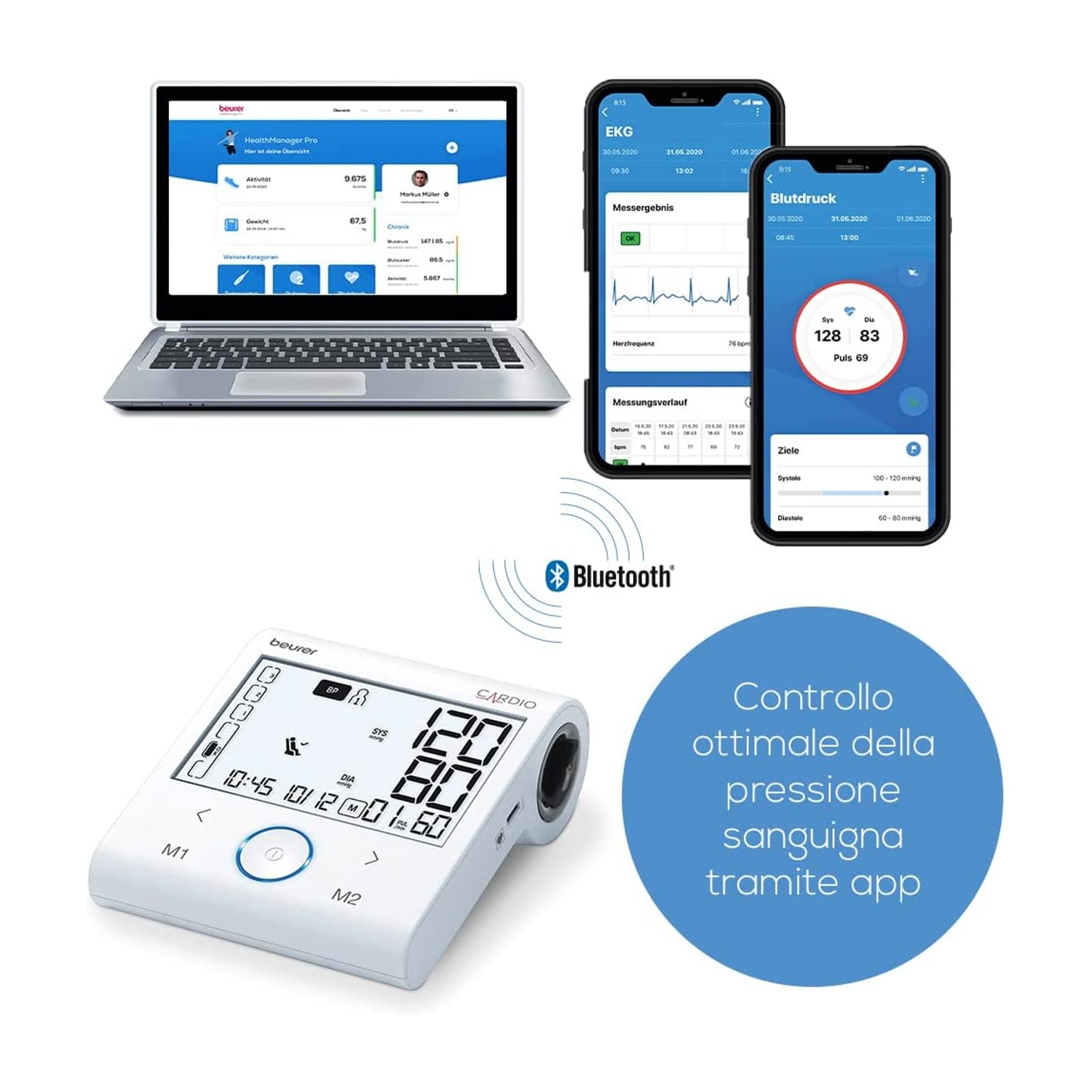 Un laptop, due smartphone e un misuratore di pressione con simbolo Bluetooth.