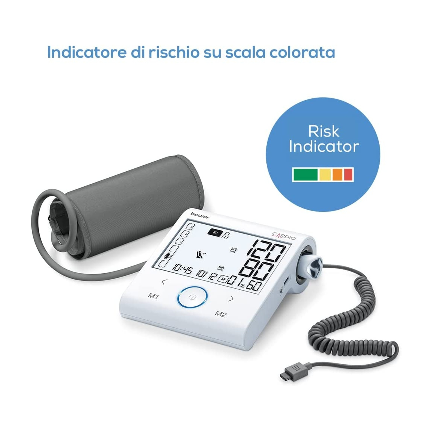 Un misuratore di pressione bianco con bracciale e scala indicatore di rischio colorata.