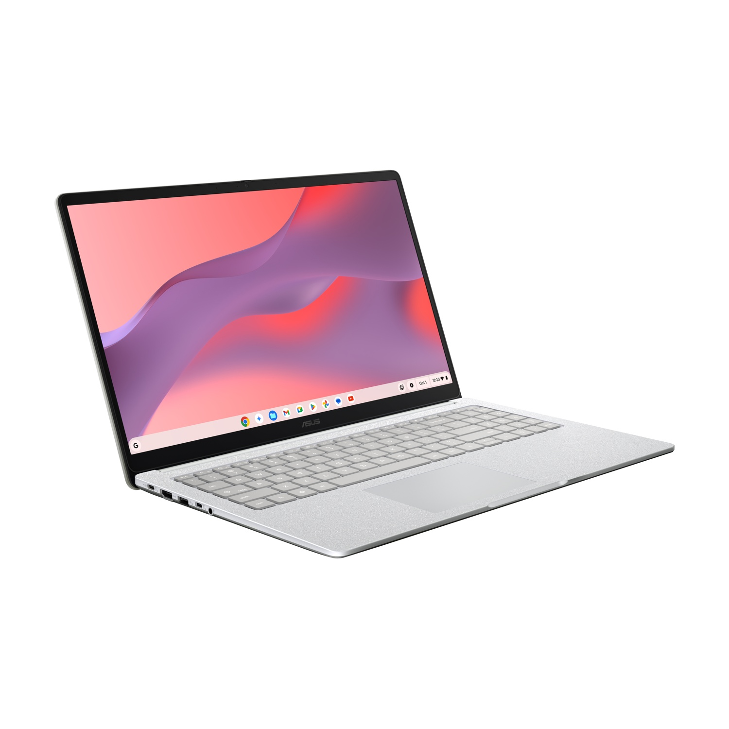 Laptop ASUS Chromebook argento con sfondo astratto colorato sullo schermo.