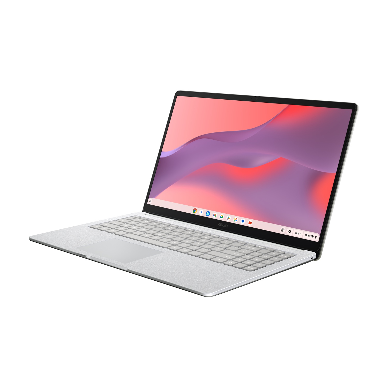 Un Chromebook argentato ed elegante con lo schermo aperto, che mostra uno sfondo colorato.