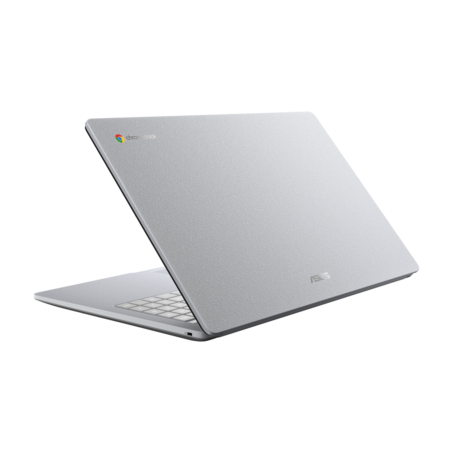 Un laptop Asus Chromebook argentato è mostrato su sfondo bianco.