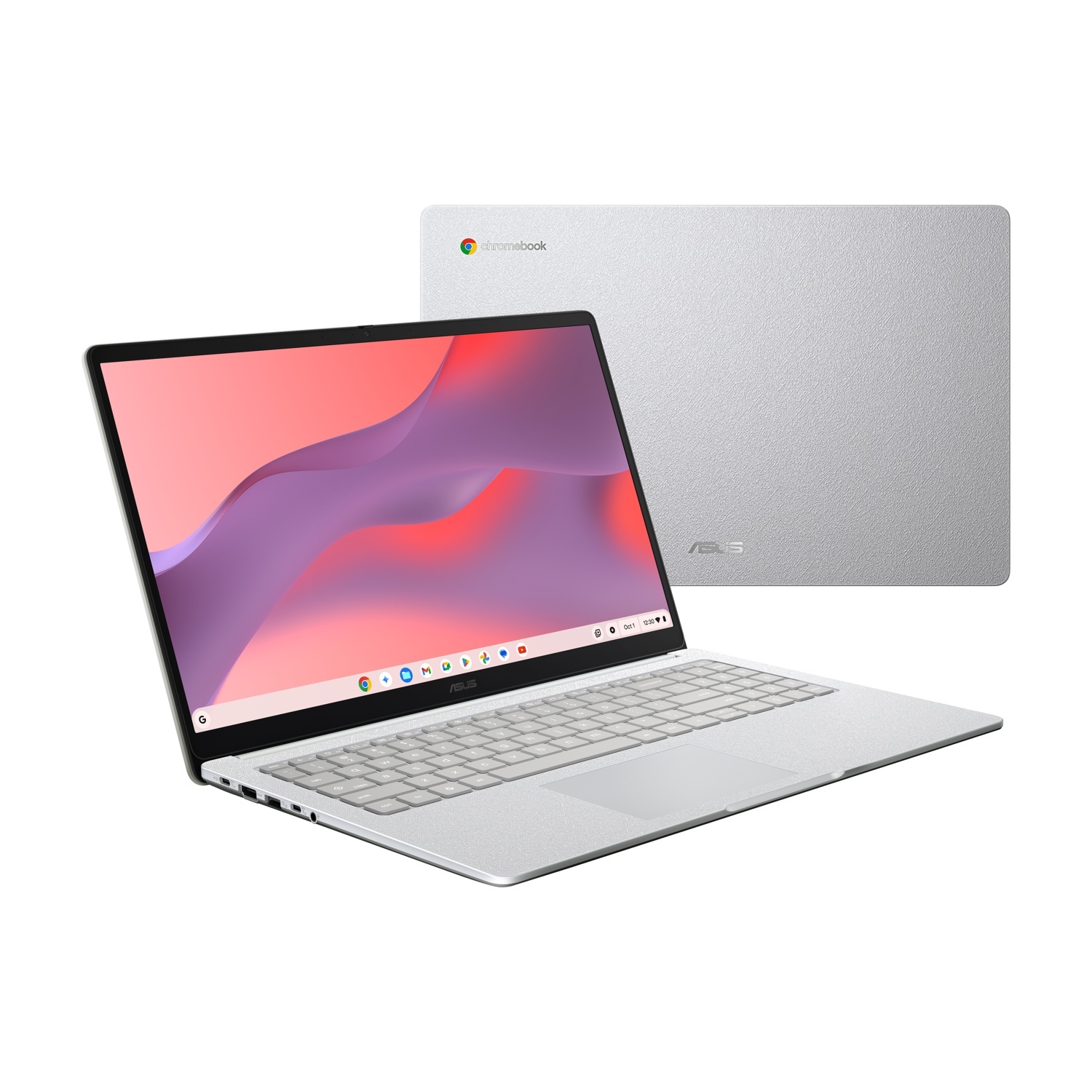 Un laptop Asus Chromebook argentato è aperto, con uno sfondo colorato sullo schermo.