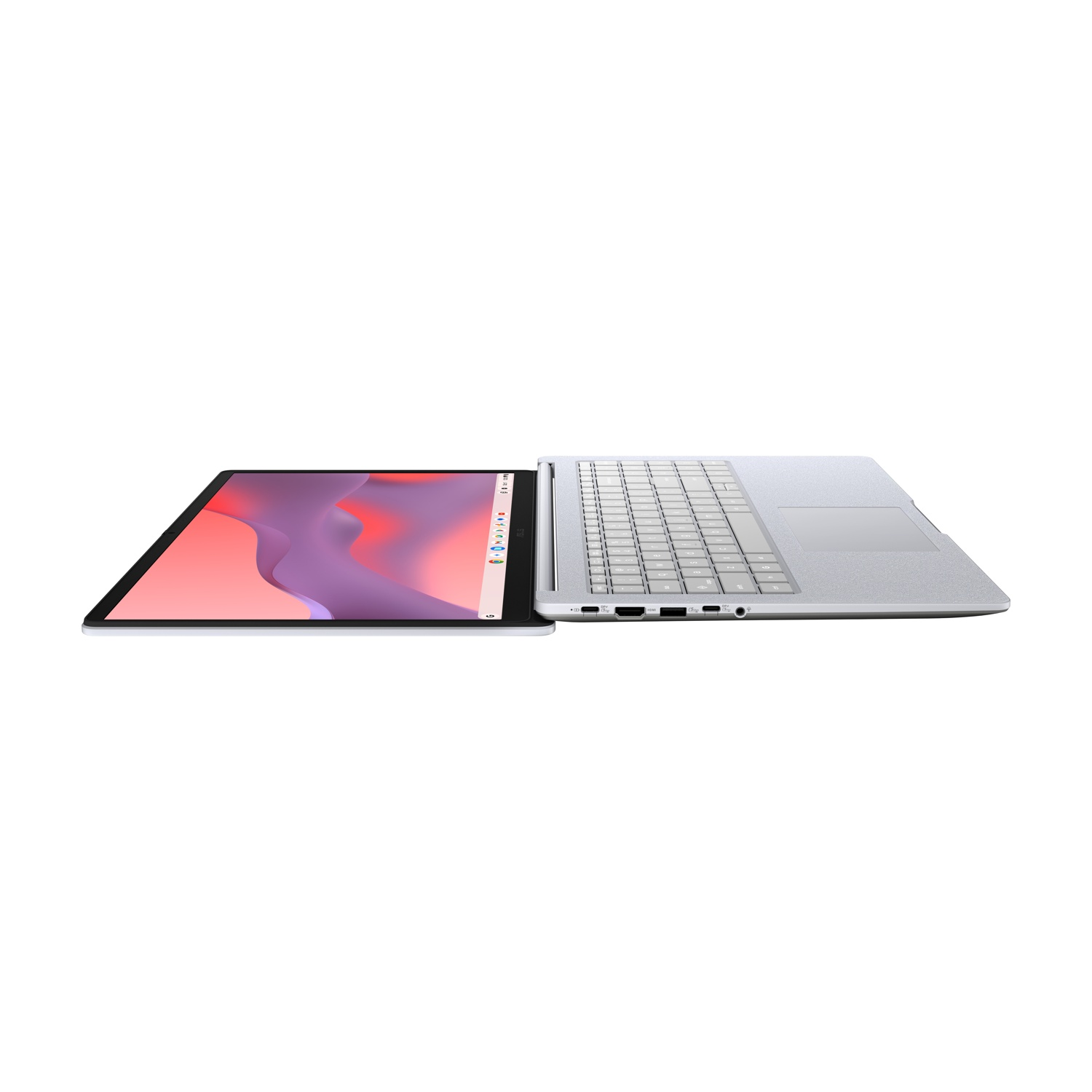 Un laptop argentato è aperto, mostrando lo schermo con uno sfondo colorato.