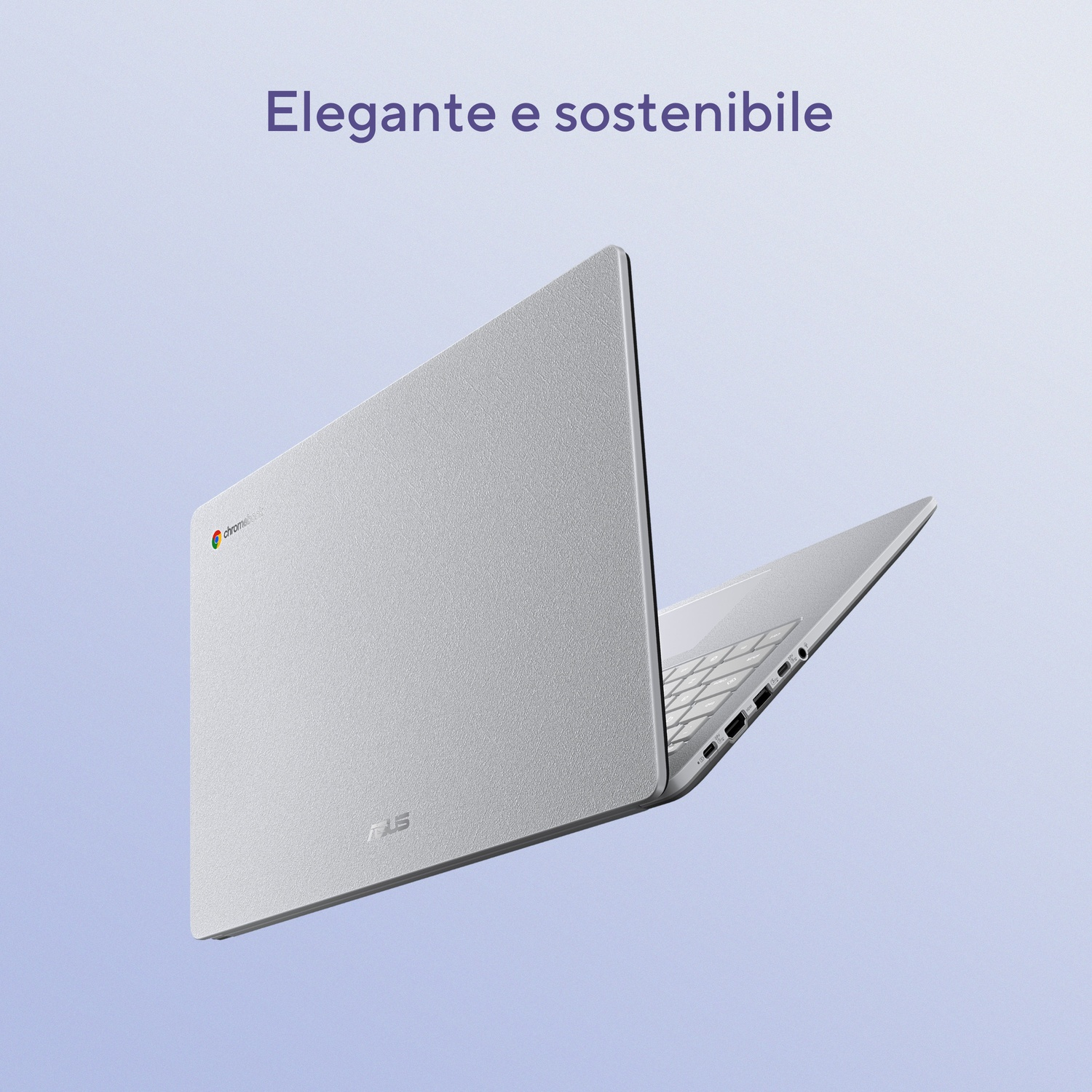 Un elegante laptop Chromebook argentato con logo Chrome e porte.