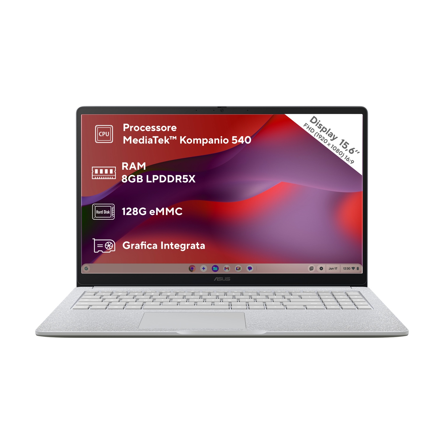 Laptop argento con display da 15,6 pollici. Mostra CPU, RAM, memoria e grafica.