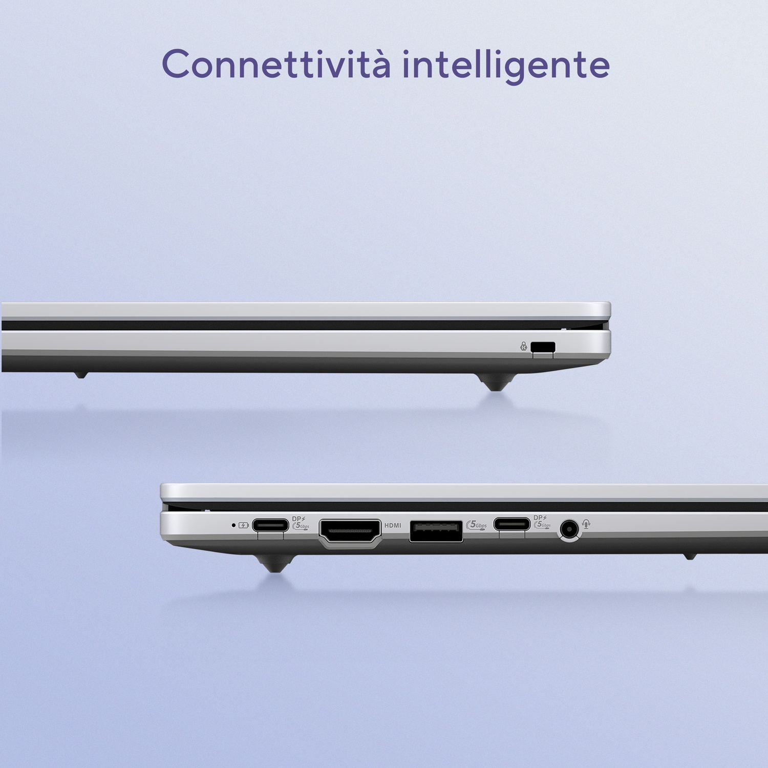 Primo piano del lato di un laptop argentato, che mostra porte come USB-C, HDMI e jack audio.