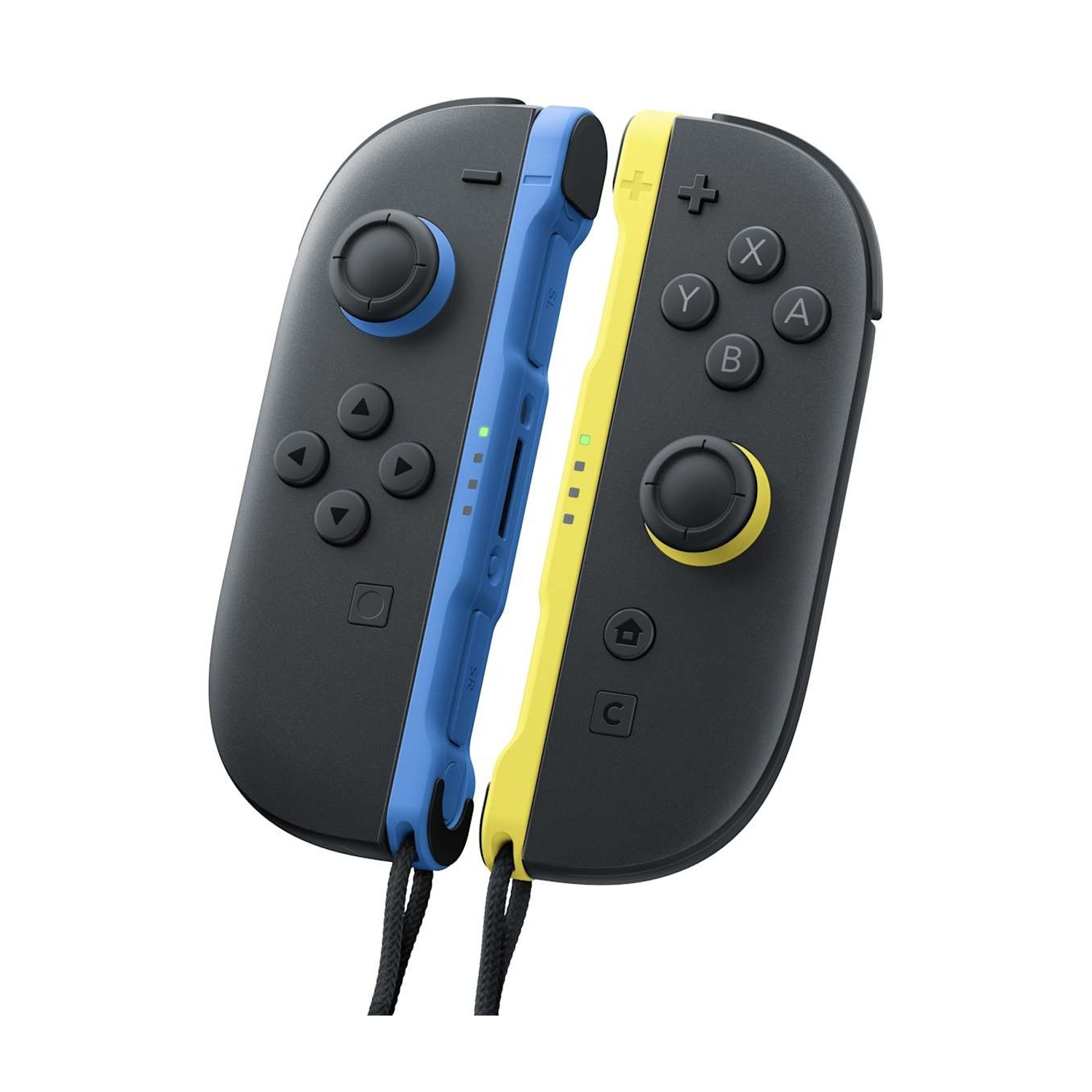 Due controller, uno blu e uno giallo, uno accanto all'altro su sfondo bianco.