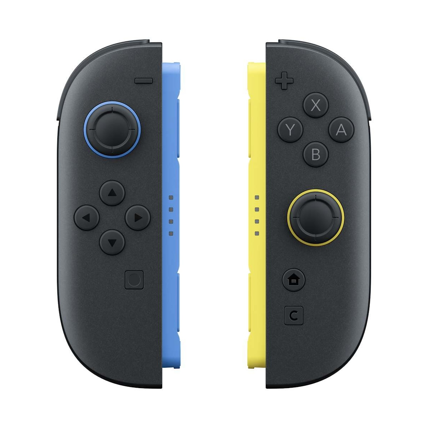 Due controller Joy-Con Nintendo Switch, sinistro blu e destro giallo.