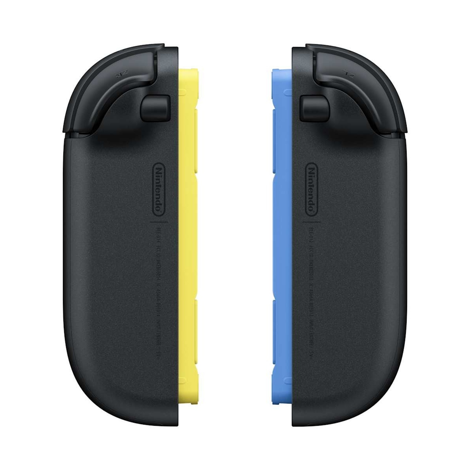 Due controller Nintendo Joy-Con: sinistro giallo, destro blu, con impugnature nere.