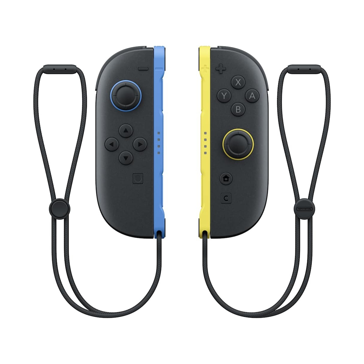 Coppia di controller Nintendo Joy-Con, uno blu e uno giallo, con cinturini neri.