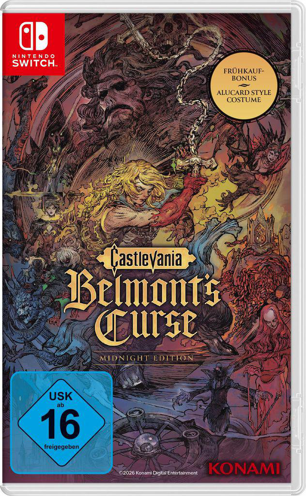 Castlevania Belmont's Curse Spielhülle mit Charakteren und Nintendo Switch-Logo.