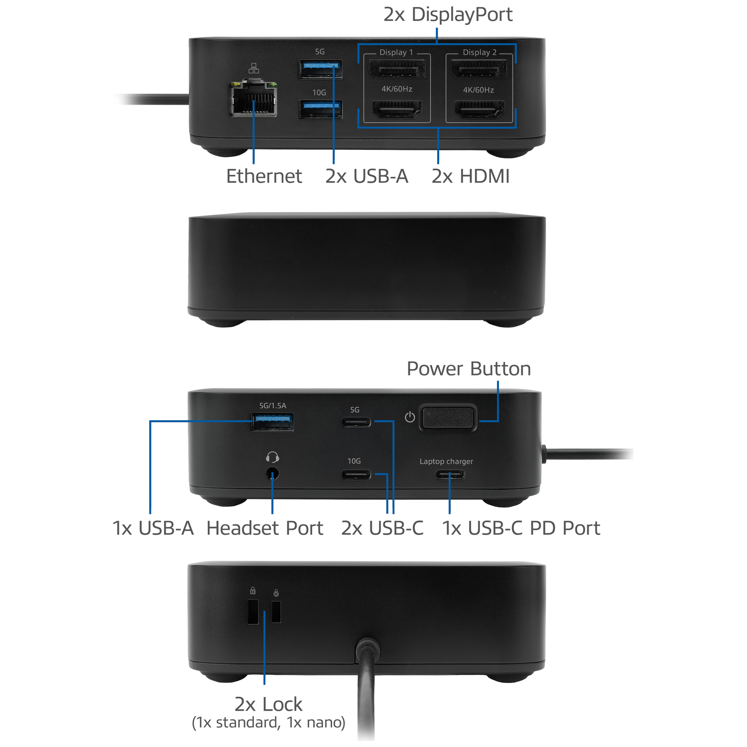 Black docking hub with ports: Ethernet, USB-A, HDMI, DisplayPort, USB-C, power, and lock slots.