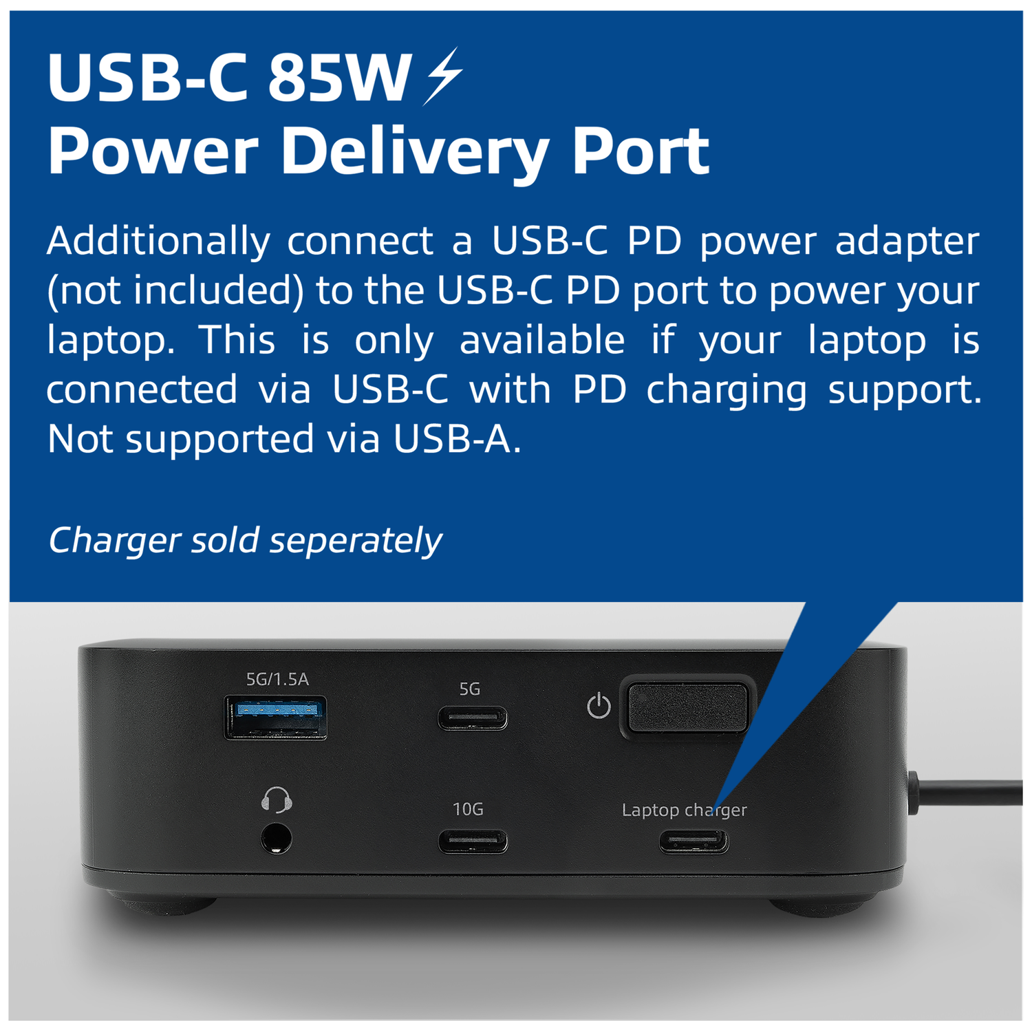 Black USB-C hub with ports: USB-A, 5G, 10G, headphone, laptop charger.