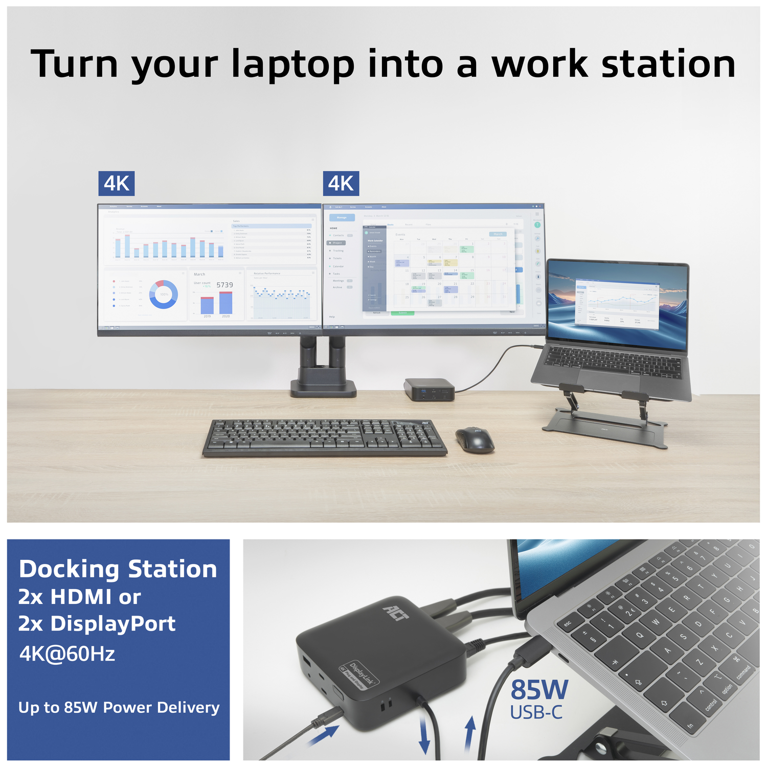 Desk setup with dual 4K monitors, keyboard, mouse, laptop, and docking station.
