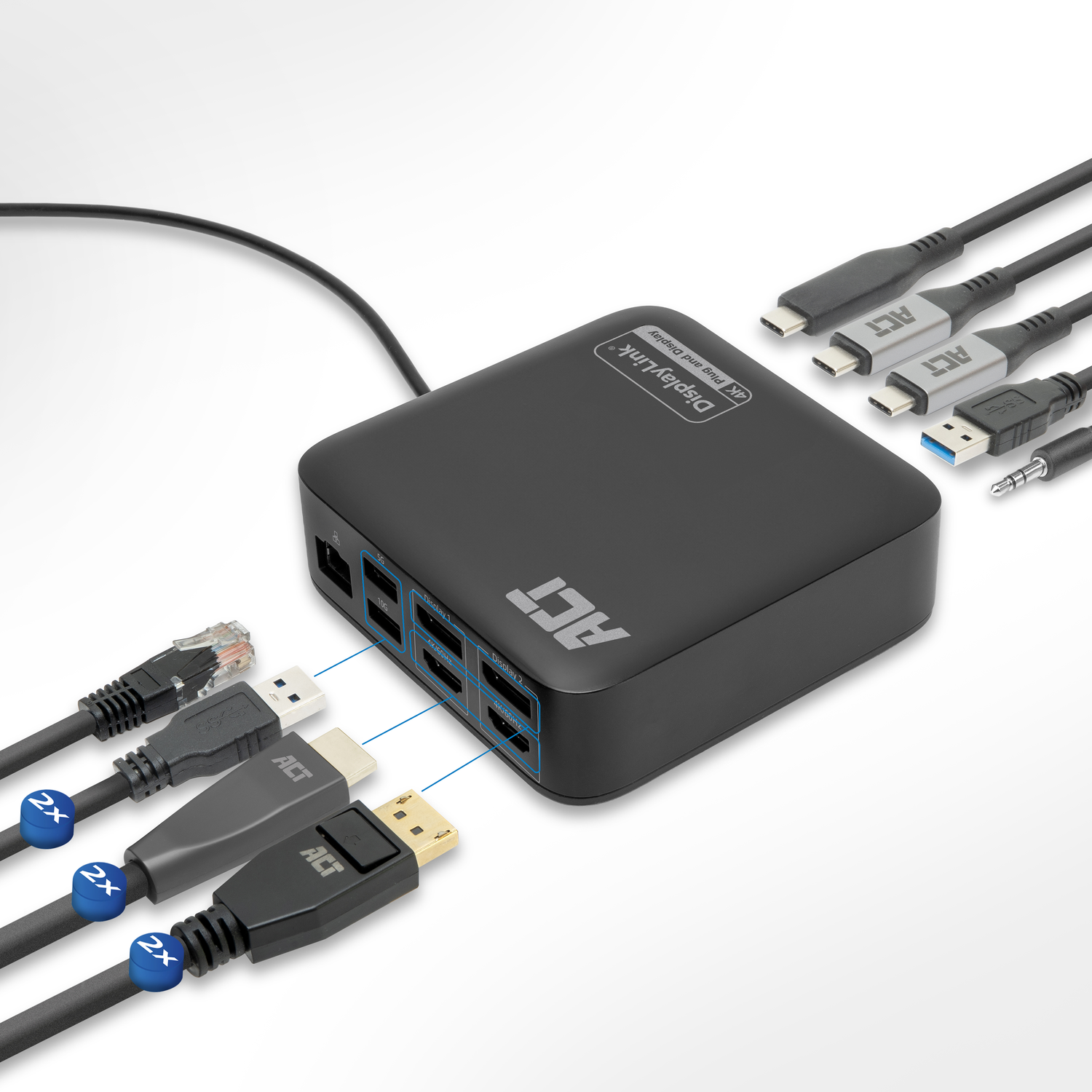 A black docking station with multiple ports and cables.