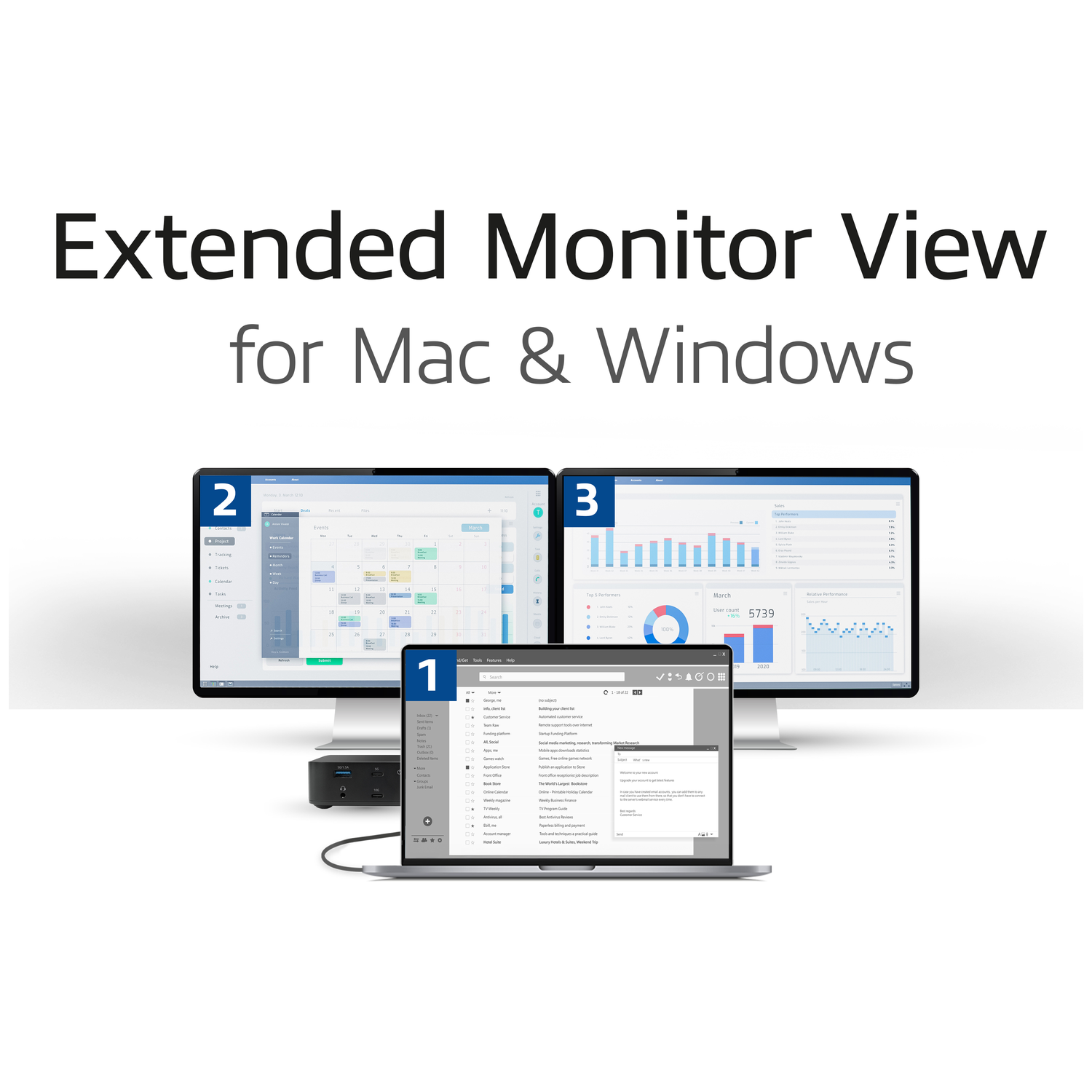 Three monitors displaying UIs of calendar, charts, and lists. A laptop in front.