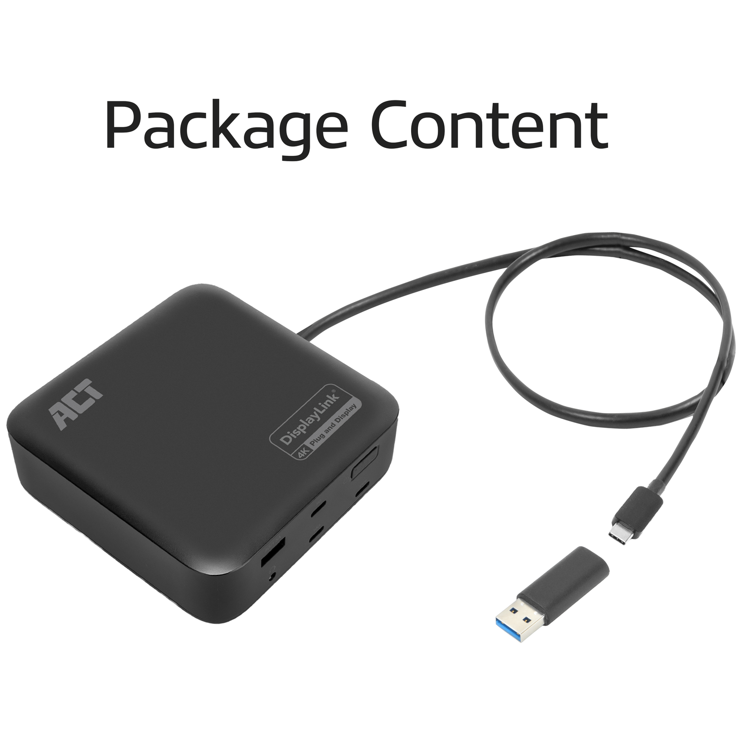Black ACT DisplayLink hub with cable and USB-A adapter.
