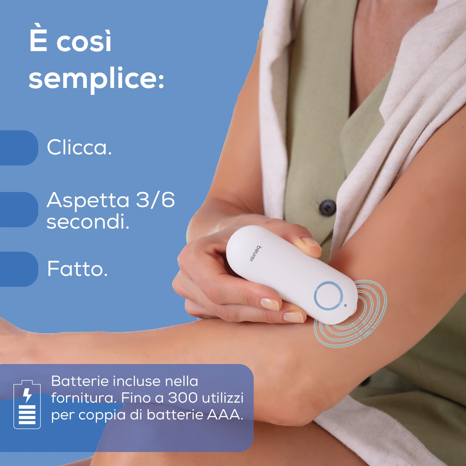 Una mano tiene un dispositivo Beurer bianco applicato su un braccio. Il testo spiega il funzionamento.