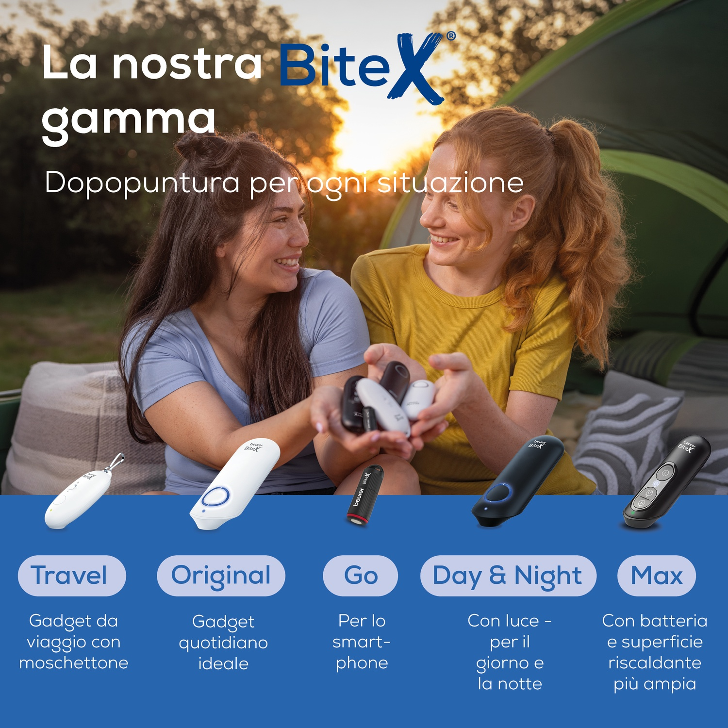 Due donne tengono vari dispositivi BiteX davanti a una tenda. I dispositivi sono ordinati per tipo.