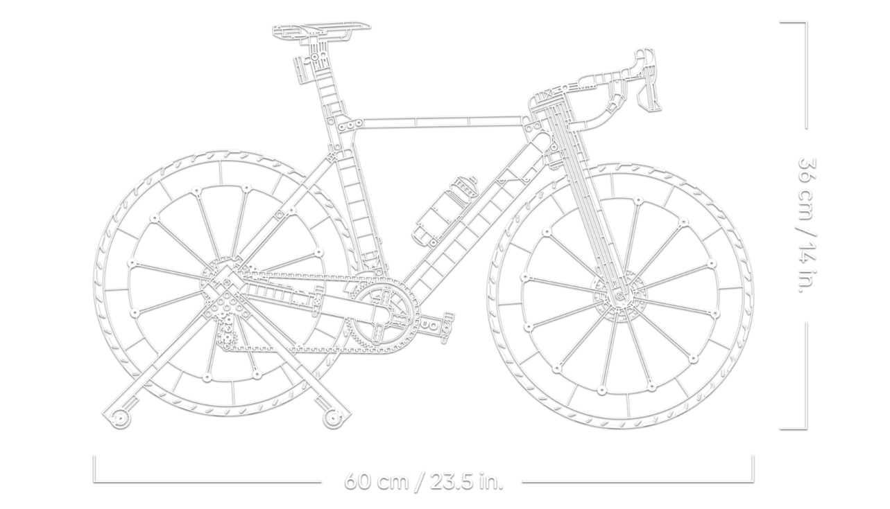 Eine weiße Draufsicht auf ein Rennrad aus Bausteinen, 60x36 cm.