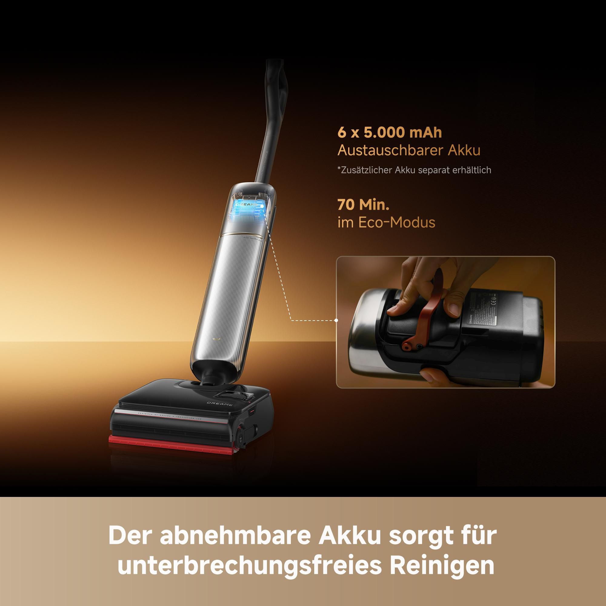 Kabelloser Staubsauger mit abnehmbarem Akku und Ladeanzeige.