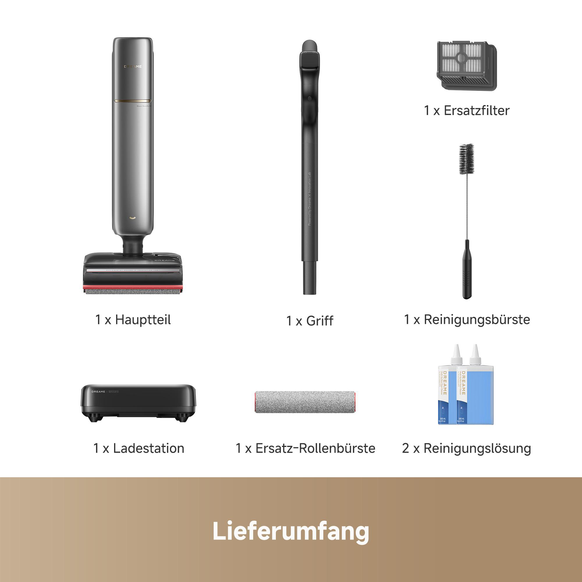 Lieferumfang: Staubsaugerteil, Griff, Filter, Bürste, Ladestation, Rollen, Reinigungslösung.