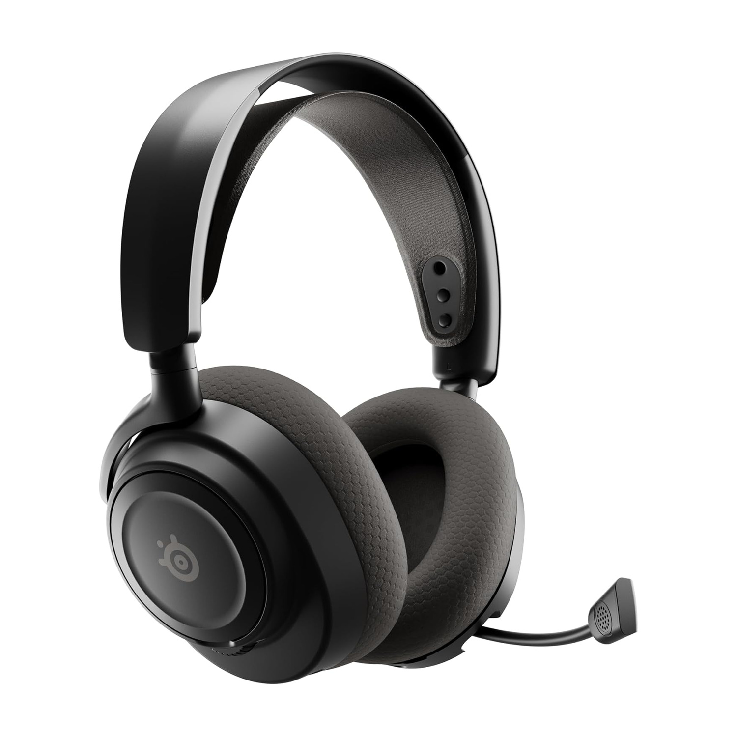 Cuffie nere over-ear con microfono e padiglioni imbottiti su sfondo bianco.