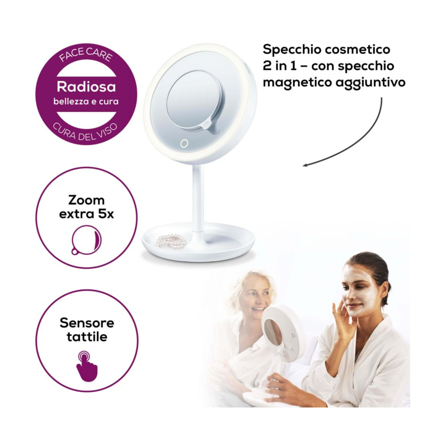 Specchio cosmetico con luce, 2-in-1, zoom, sensore tattile e perle.