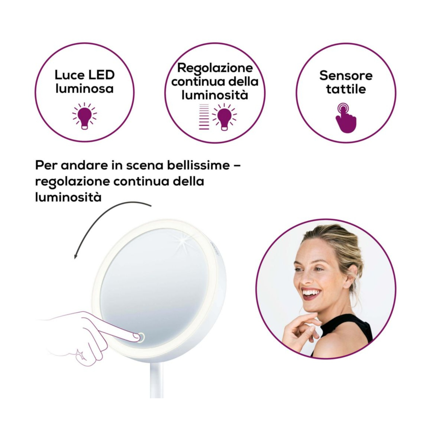 Specchio con luce LED, sensore tattile e regolazione luminosità.