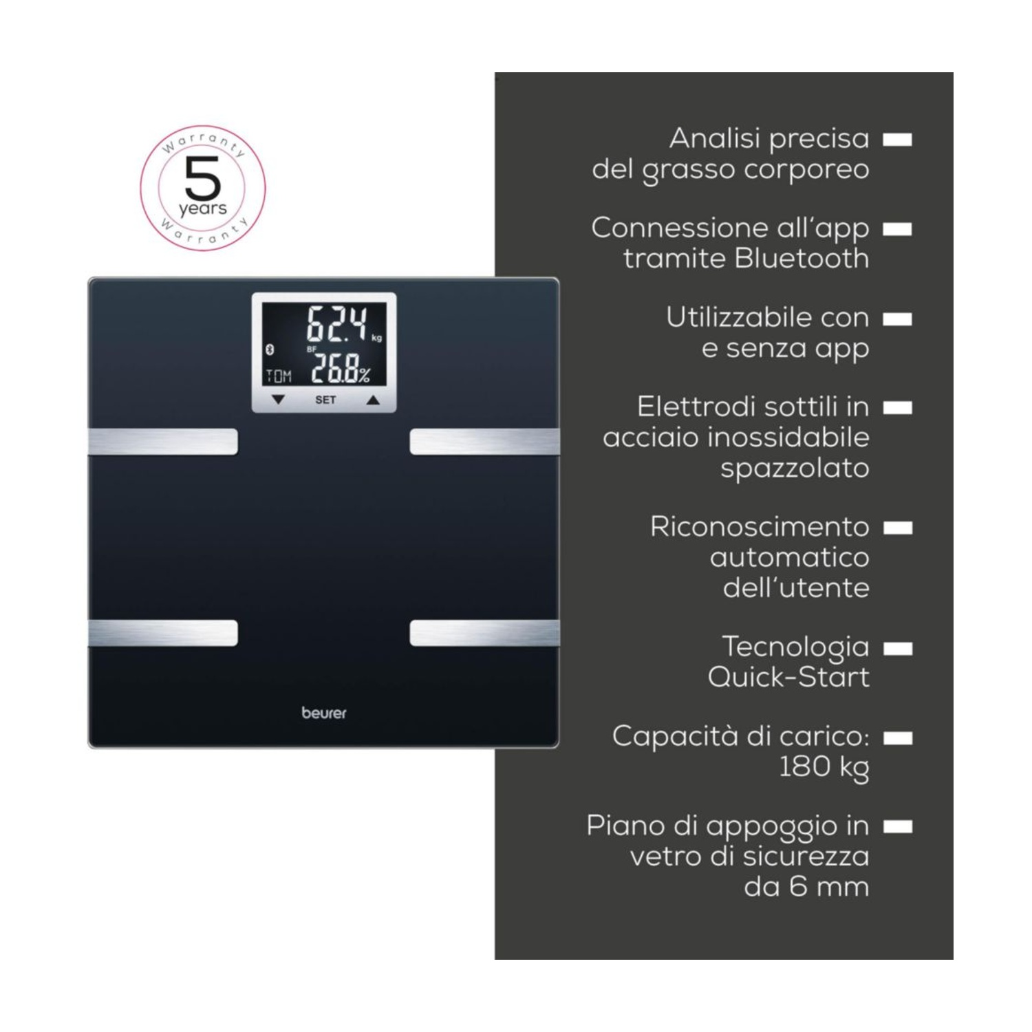 Bilancia digitale nera che mostra 62,4 kg e 26,8% di grasso.