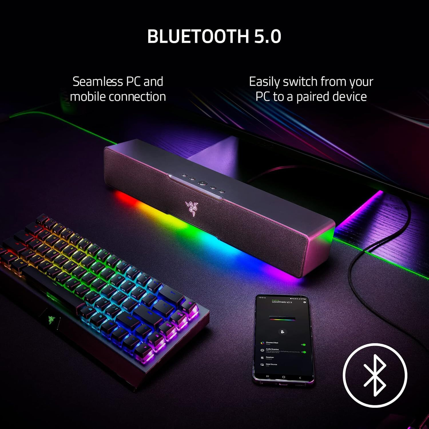 Soundbar Razer Leviathan V2 X, tastiera, telefono e icona Bluetooth su sfondo scuro.