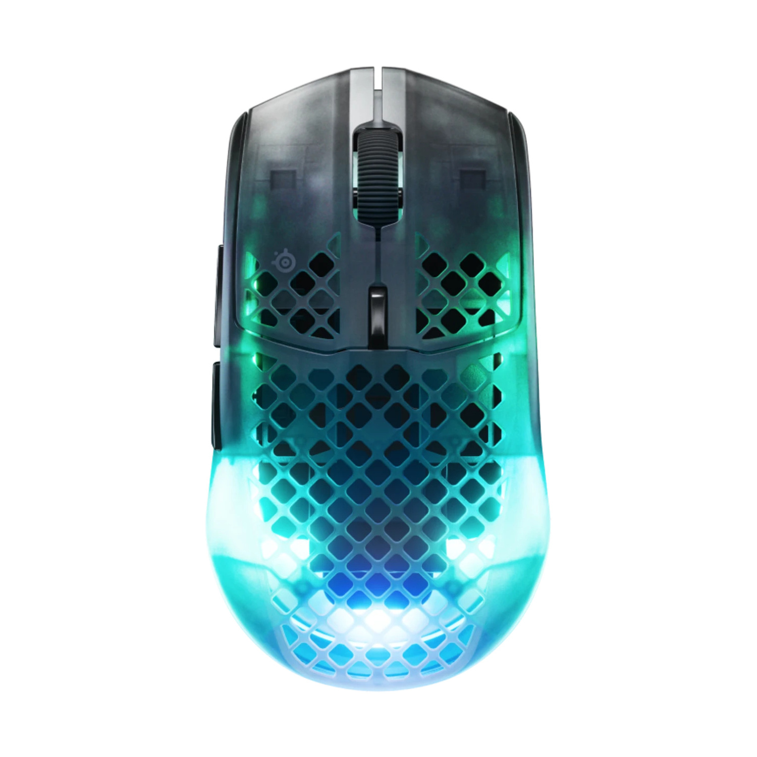 Un mouse da gaming traslucido con illuminazione RGB blu e verde.