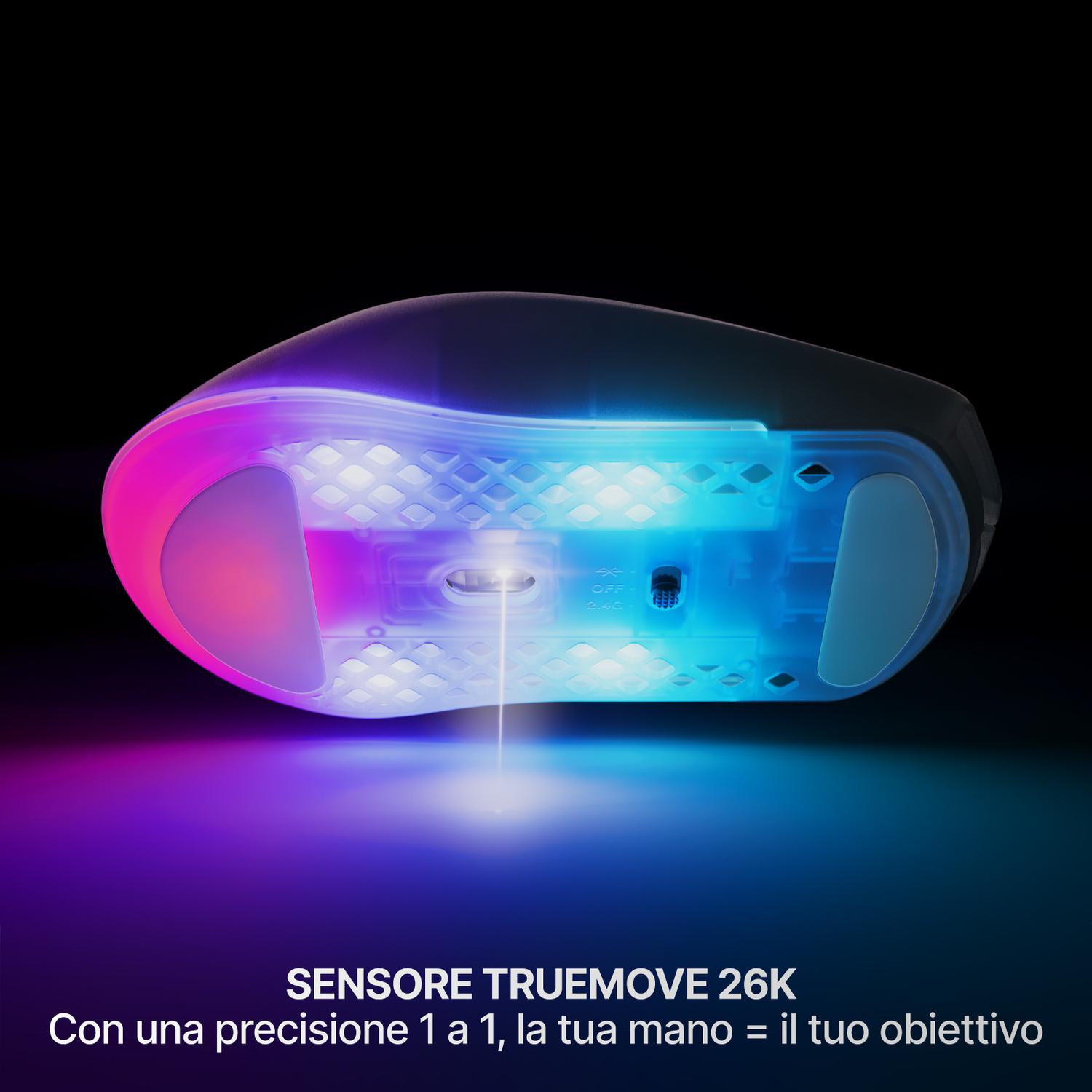 Un mouse gaming con illuminazione RGB e sensore Truemove 26K.