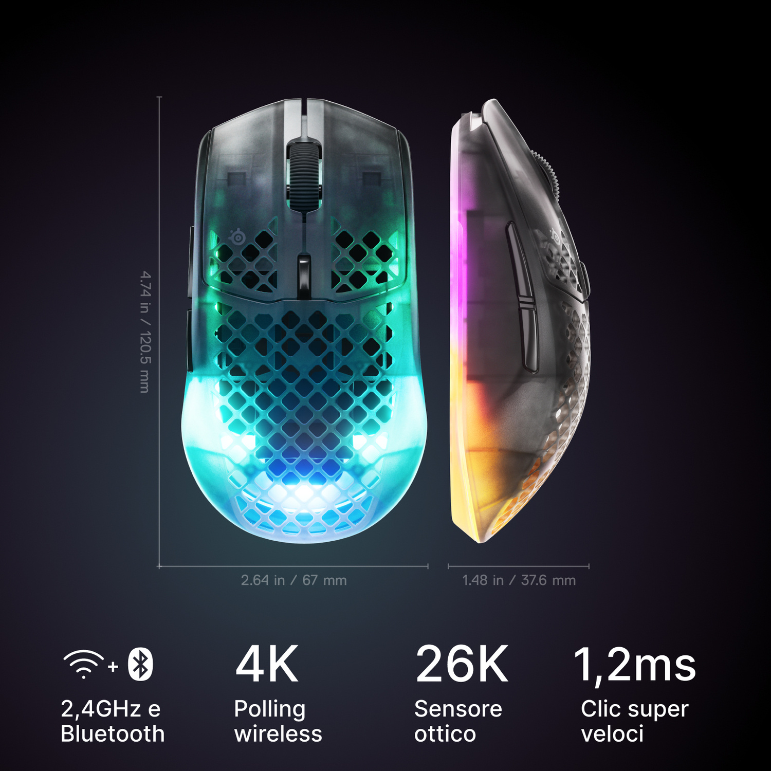 Mouse gaming con illuminazione RGB, polling wireless 4K, sensore ottico 26K.