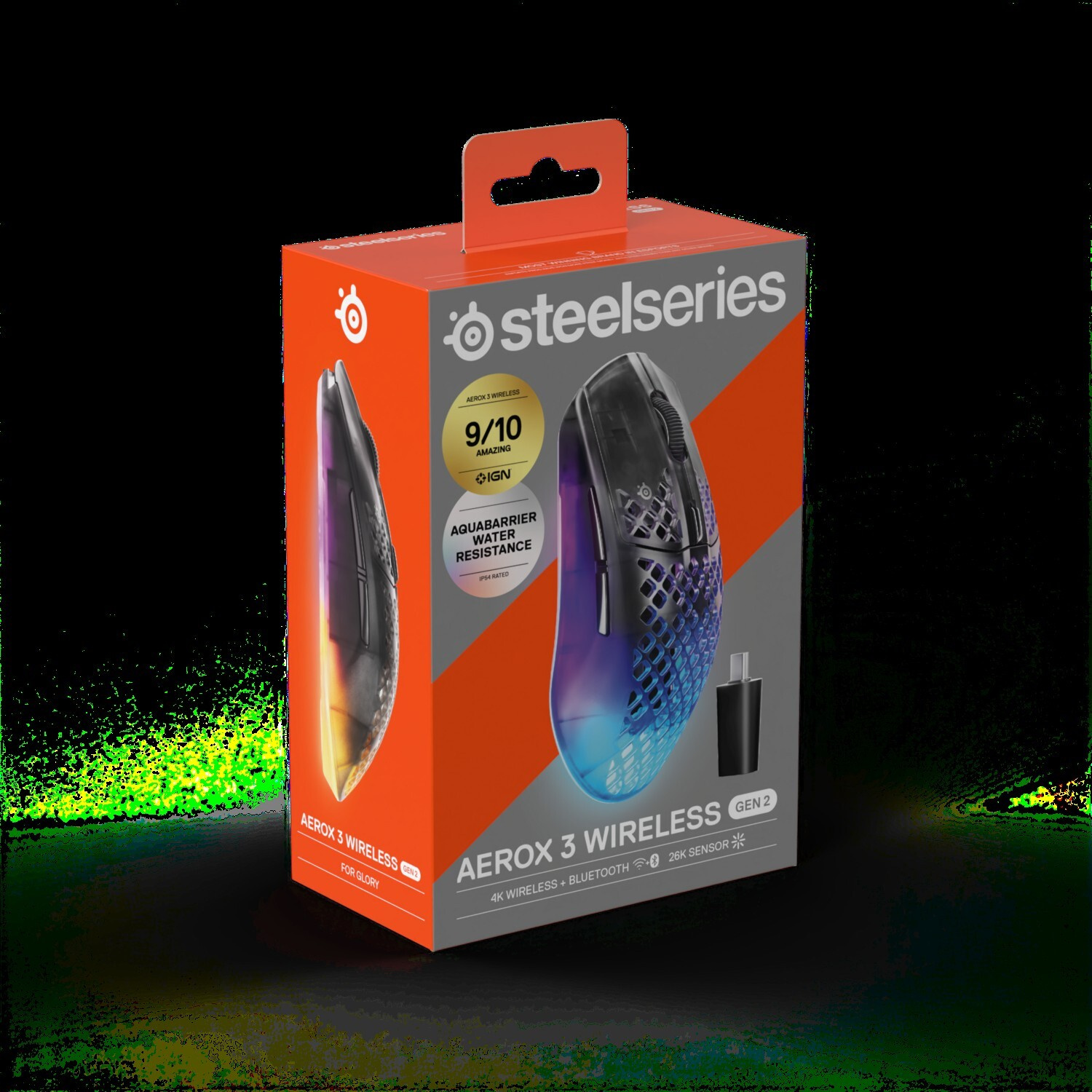 Mouse gaming SteelSeries Aerox 3 Wireless su confezione arancione con illuminazione RGB.