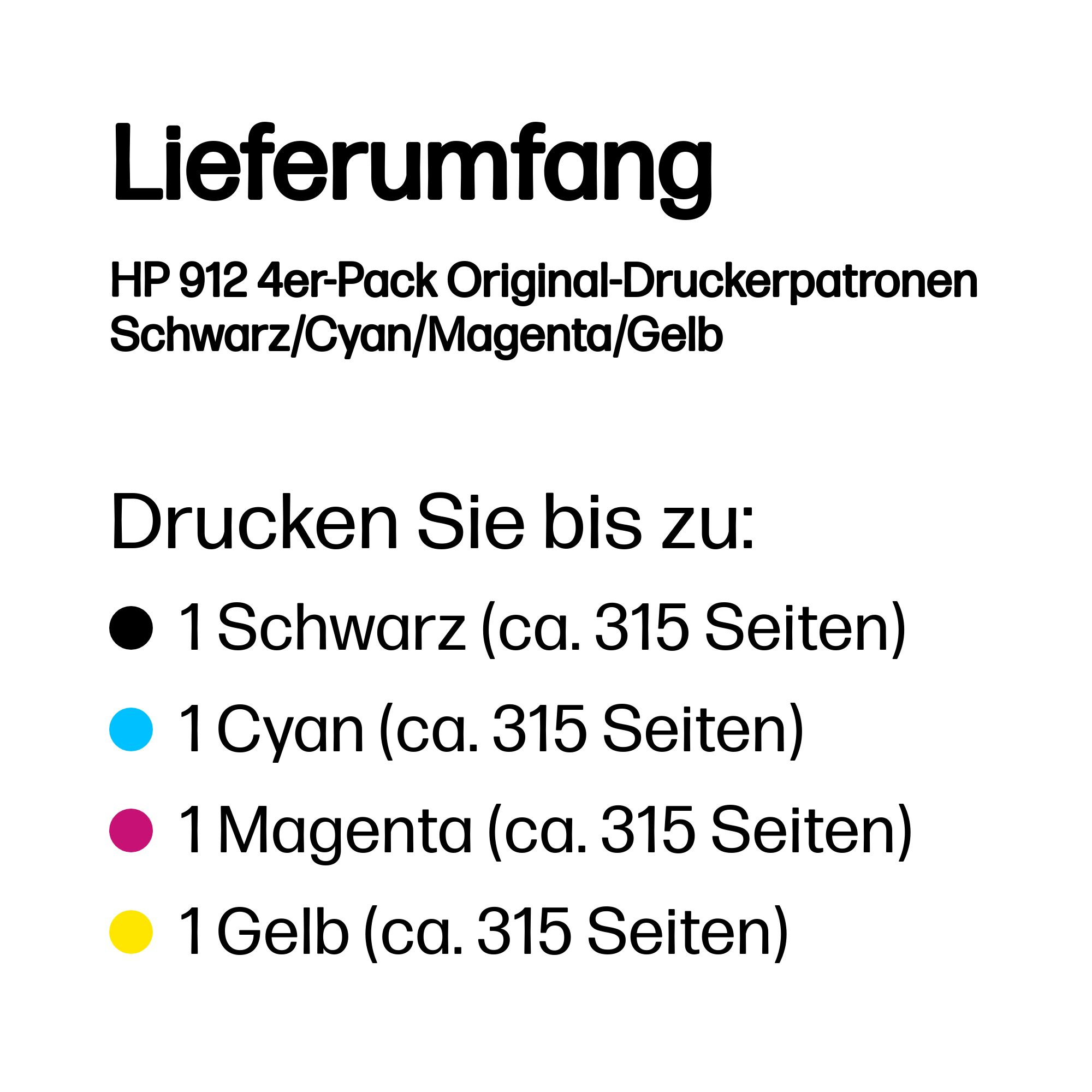Lieferumfang: 4er-Pack HP 912 Patronen: Schwarz, Cyan, Magenta, Gelb.
