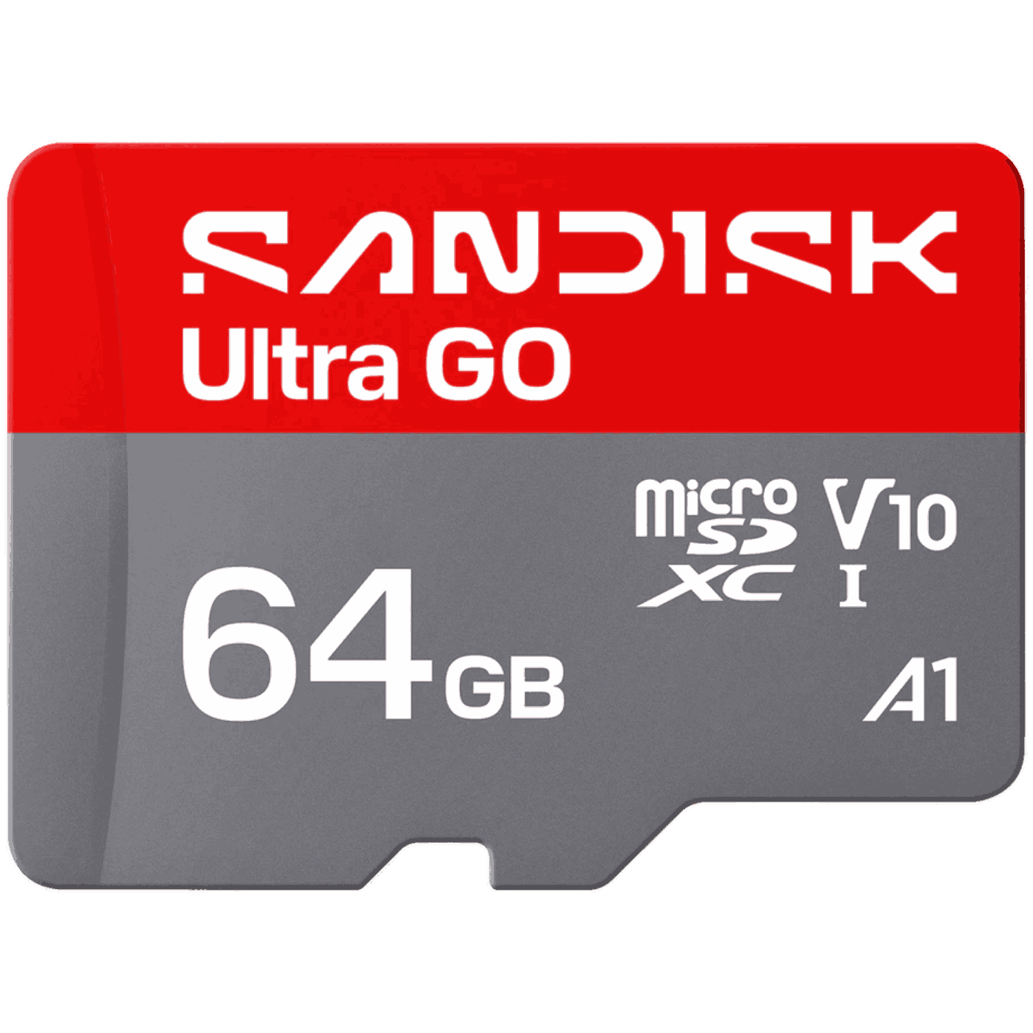 Tarjeta microSD gris con banda roja, 64 GB, SanDisk Ultra GO.