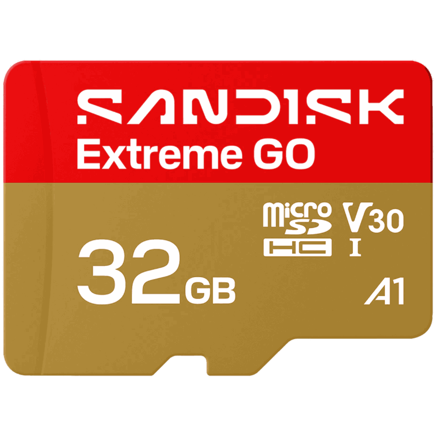 Tarjeta MicroSD de 32 GB en rojo y dorado con marca Sandisk Extreme GO.