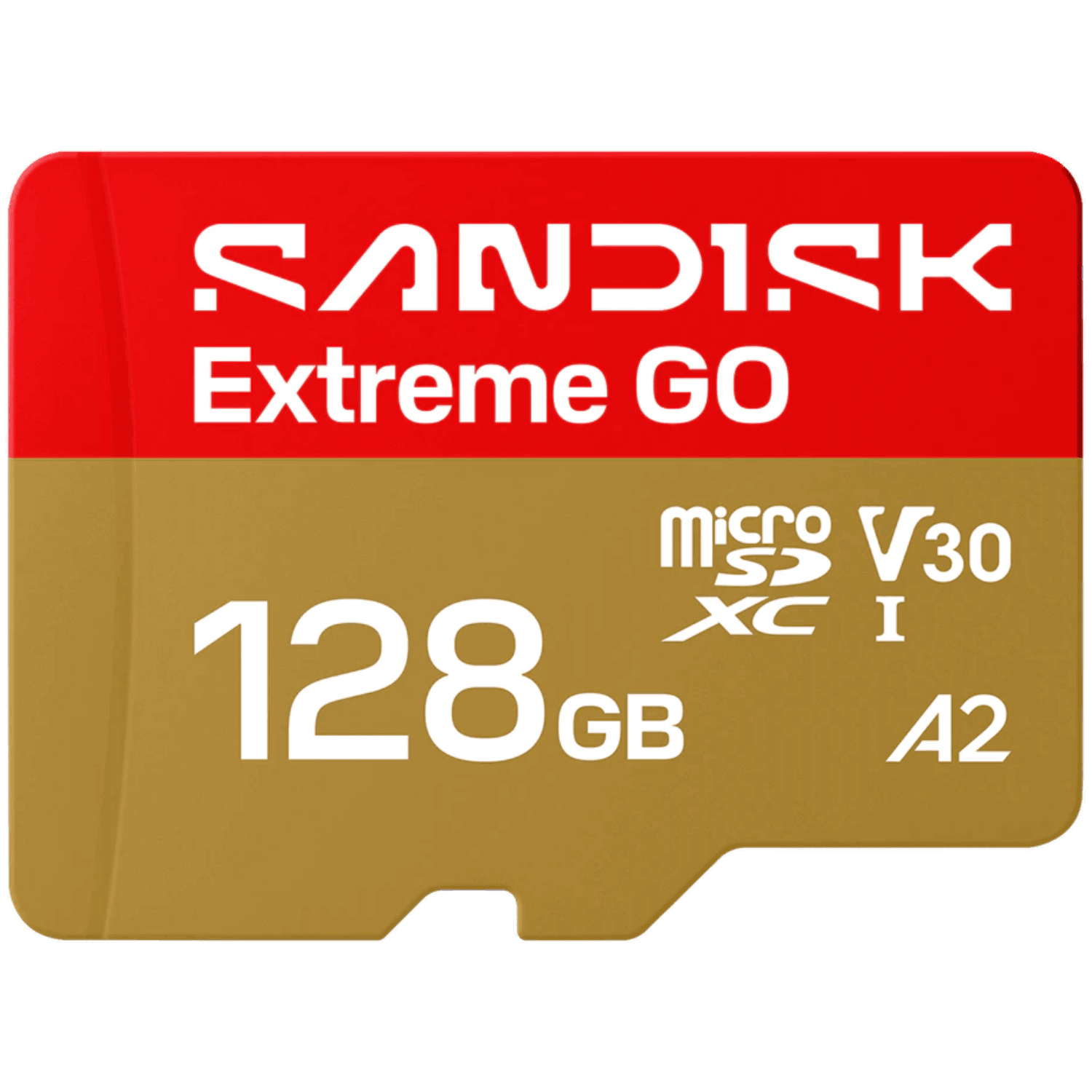 Una tarjeta SanDisk 128GB MicroSDXC roja y dorada con etiqueta 'Extreme GO'.