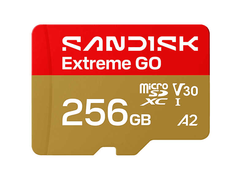 Tarjeta Micro SD - SANDISK Extreme GO, 256 GB, Hasta 240 MB/s de lectura, UHS-I, Vídeos en 5K y 4UHD, U3, V30, A2, C10, Apta Drones, Oro