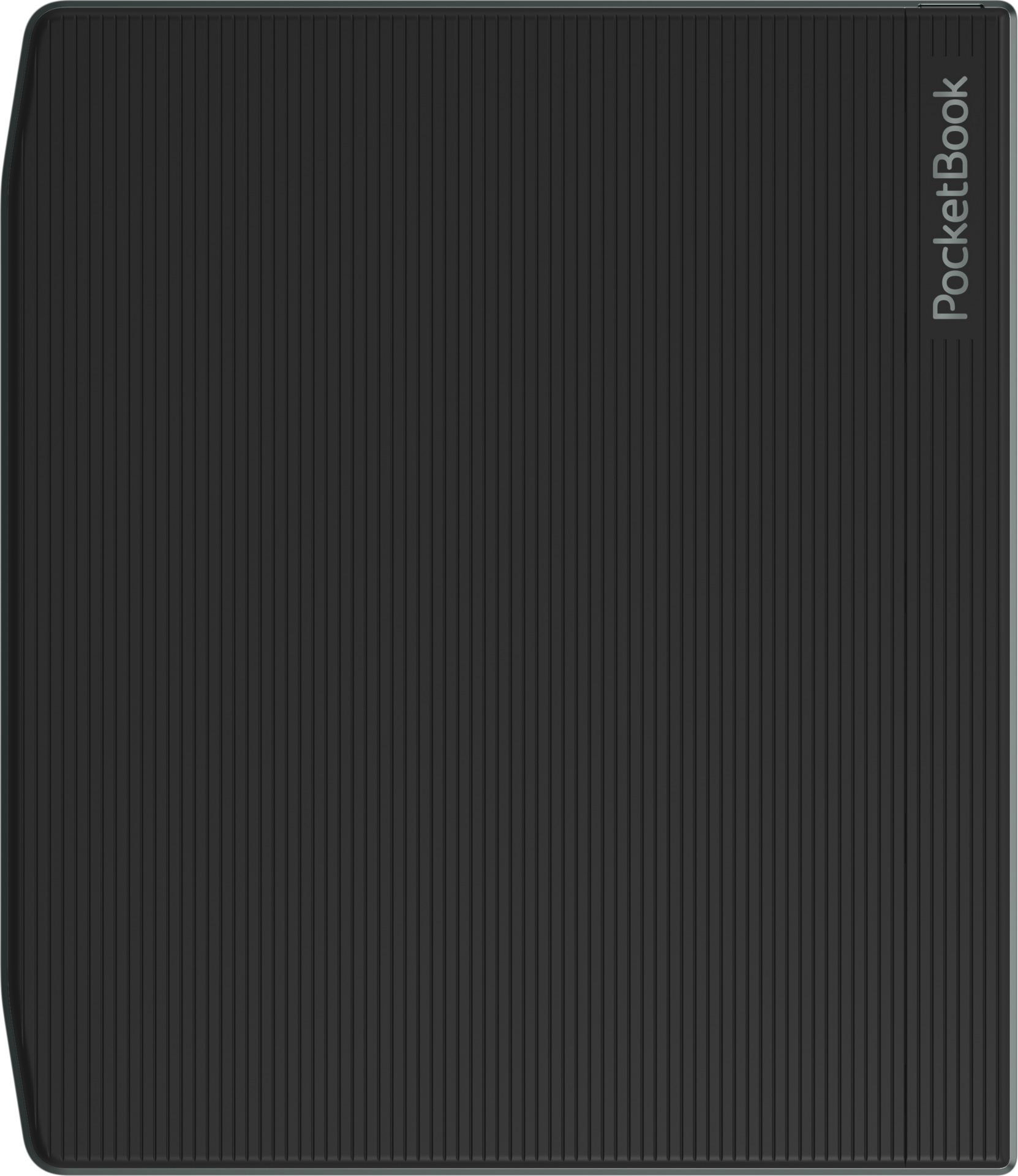 Ein schwarzes E-Book mit gerillter Oberfläche und dem Logo 'PocketBook'.
