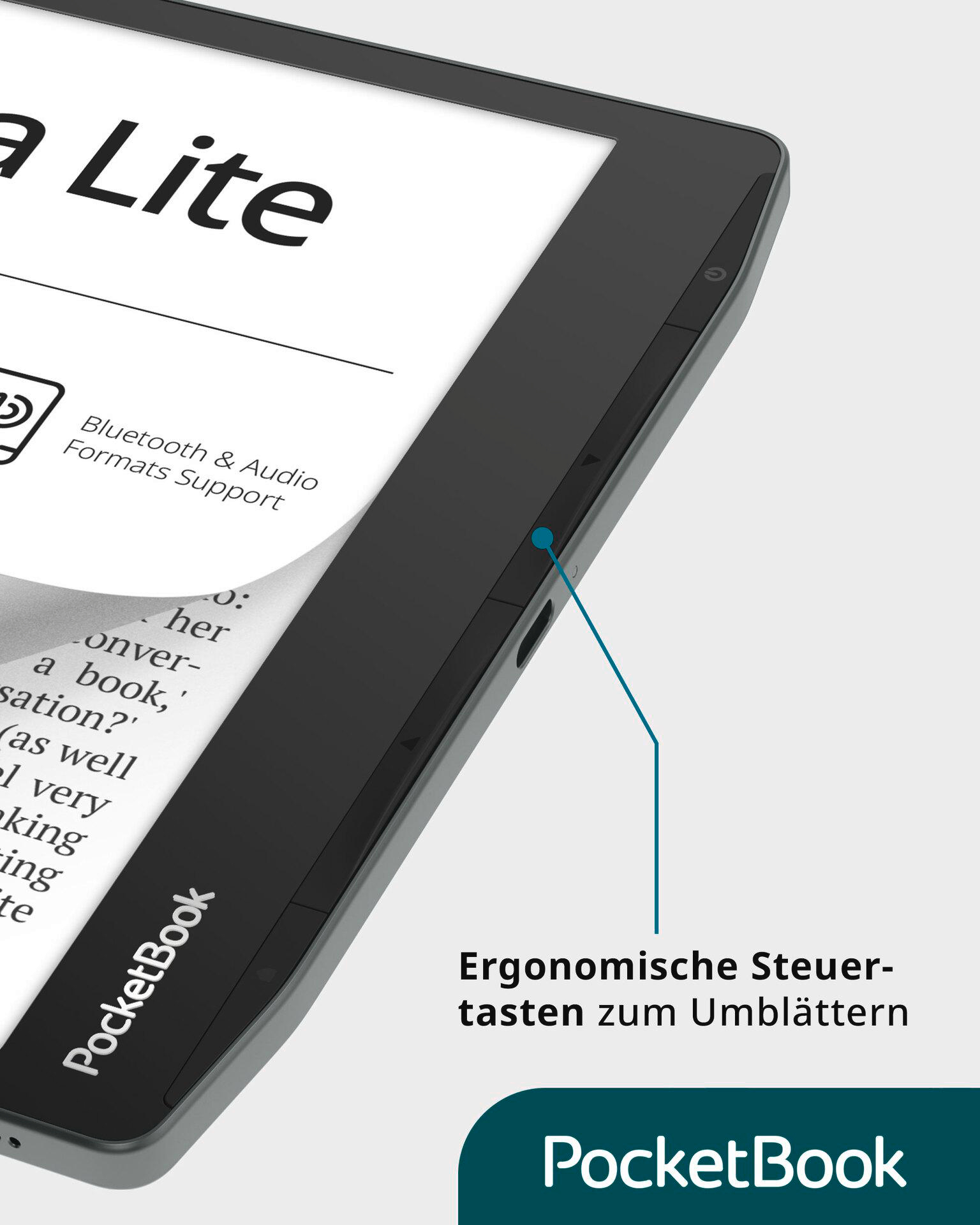 Graues PocketBook E-Reader mit Text und Bedienelementen.
