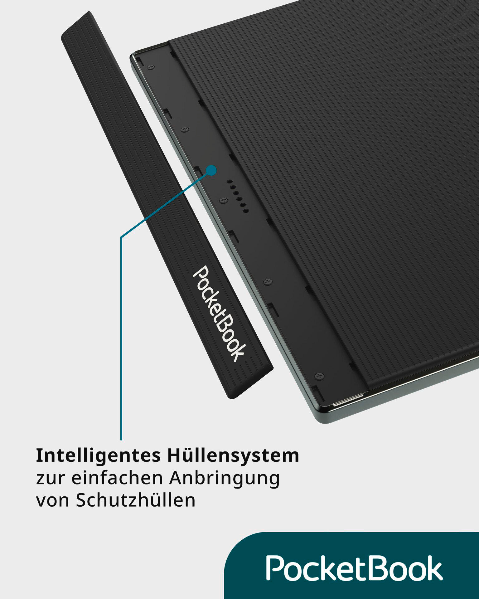 Ein schwarzes PocketBook E-Reader-Gerät mit einer schwarzen Hülle. Die Hülle wird mit Magneten befestigt.