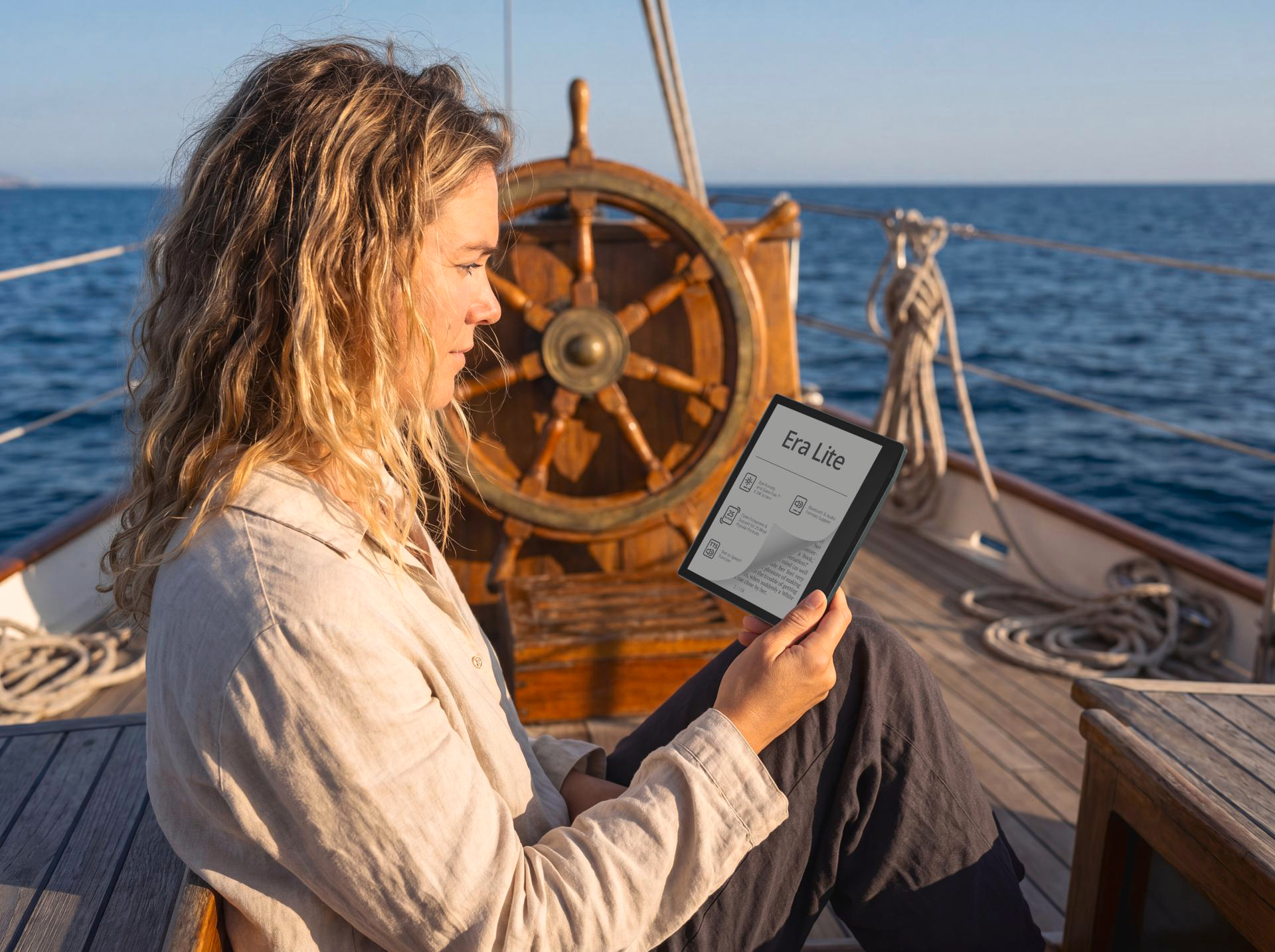 Eine Frau liest auf einem Boot ein E-Book. Im Hintergrund ein Steuerrad und das Meer.