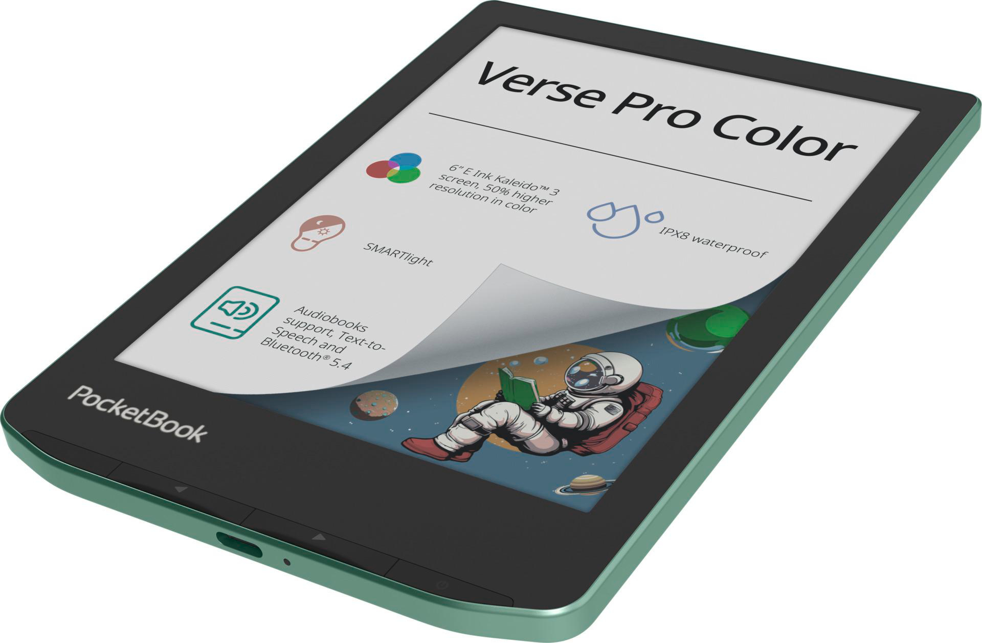 Ein grünes PocketBook Verse Pro Color E-Reader mit Astronauten-Illustration.