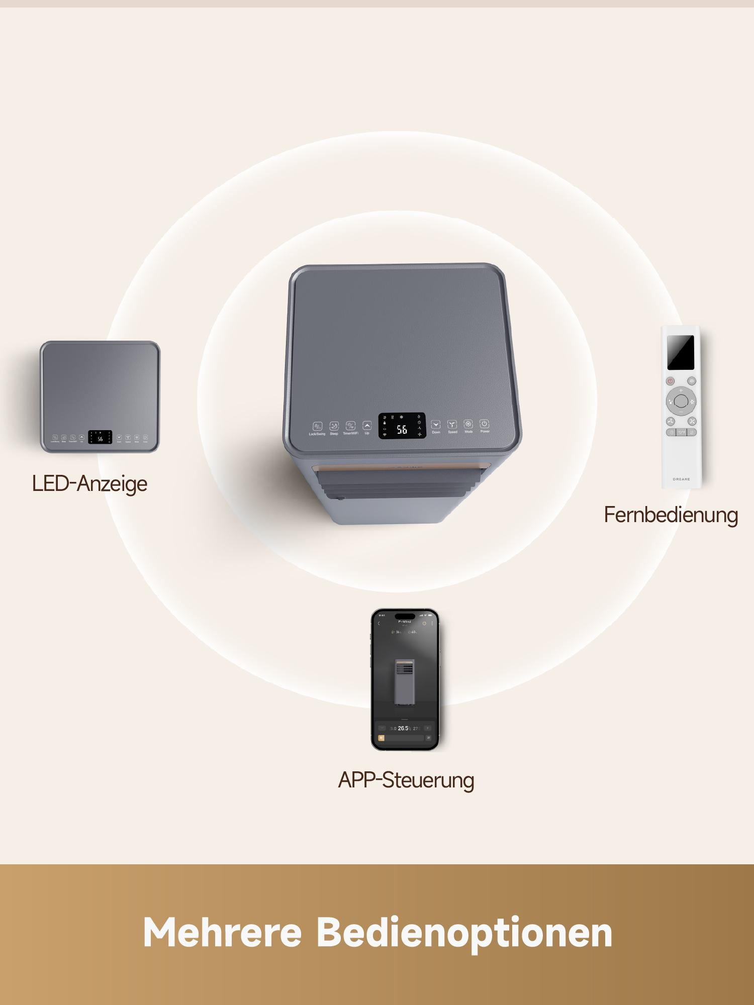 Ein Luftreiniger mit Fernbedienung, LED-Anzeige und App-Steuerung.